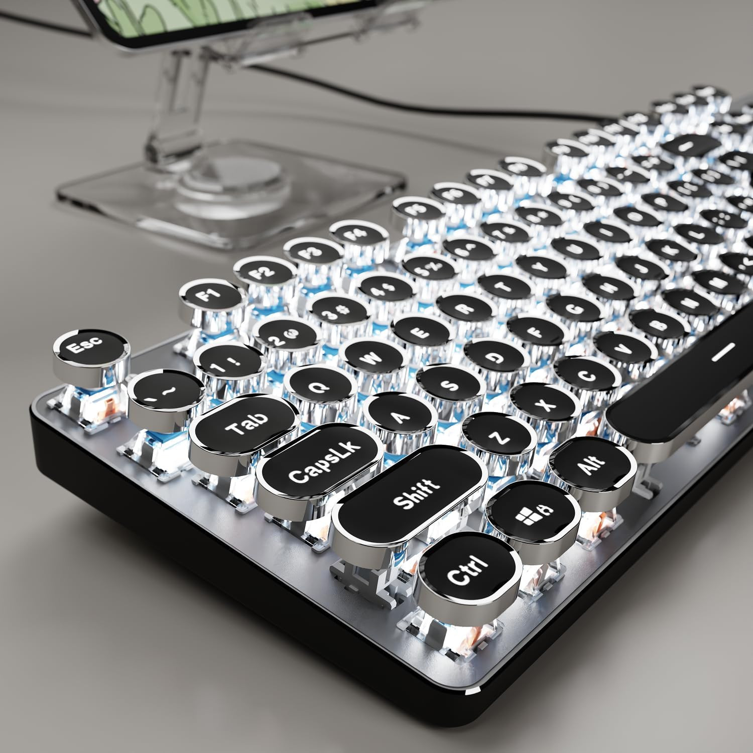 Wired Typewriter Style Mechanical Gaming Keyboard with White Backlit-Black