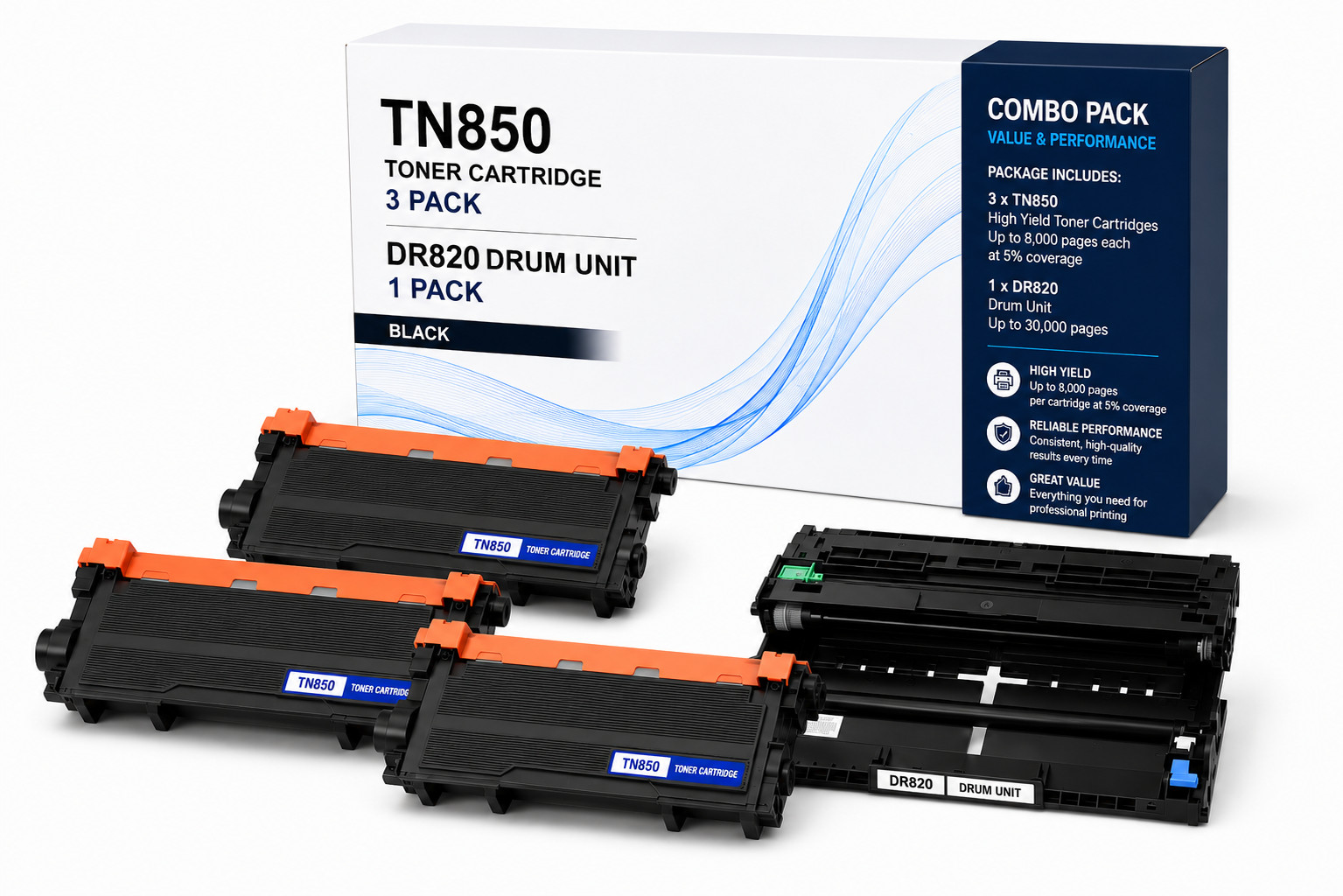 ABT Compatible TN850 Toner Cartridge 3-Pack and DR820 Drum Unit Combo Pack
