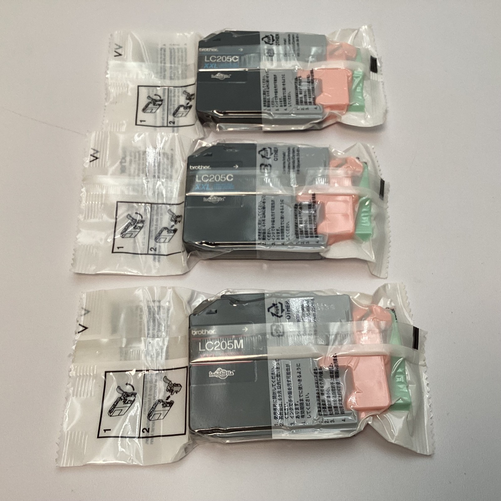 (Mixed Lot of 3) OEM Brother LC205 XXL Ink Cartridges: 2 Cyan + 1 Magenta - Bags
