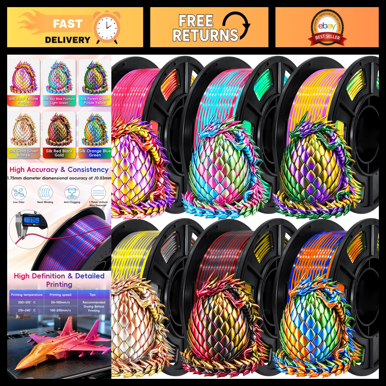 Shiny Tricolor Silk PLA+ 3D Filament Bundle, 1.75mm, 250g x 6 Packs - High Quali