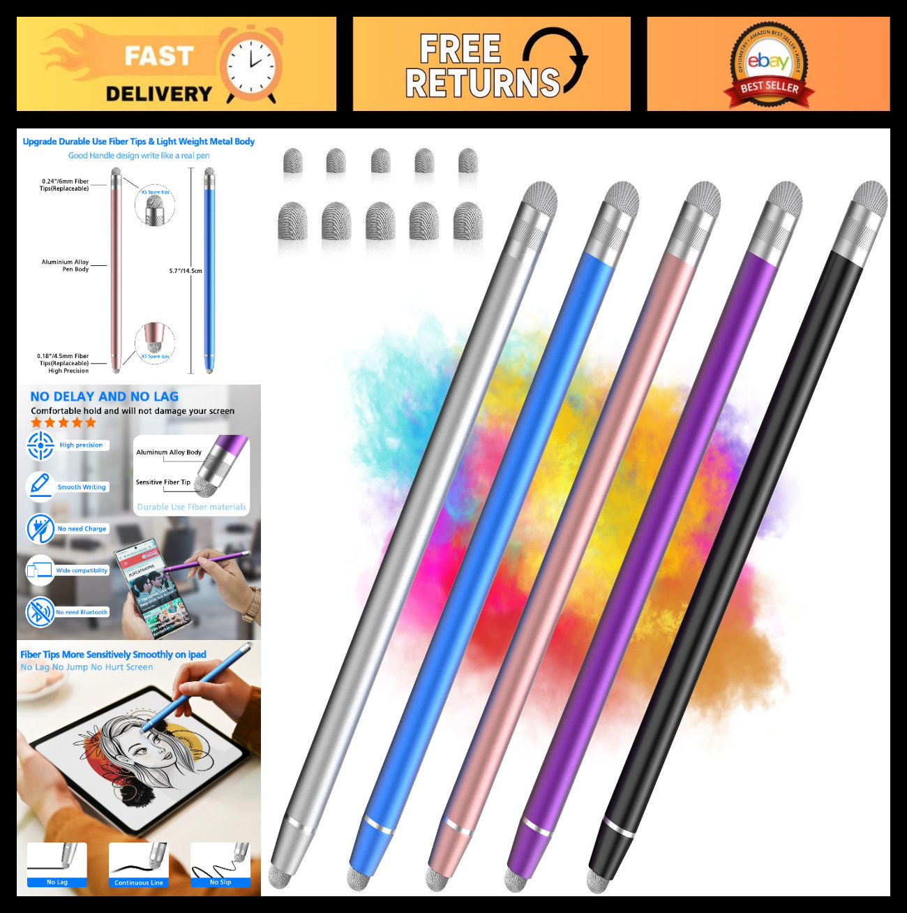 5-Pack 2-in-1 Stylus Pens for Touchscreen Devices, Fiber Tip & Ballpoint, Precis