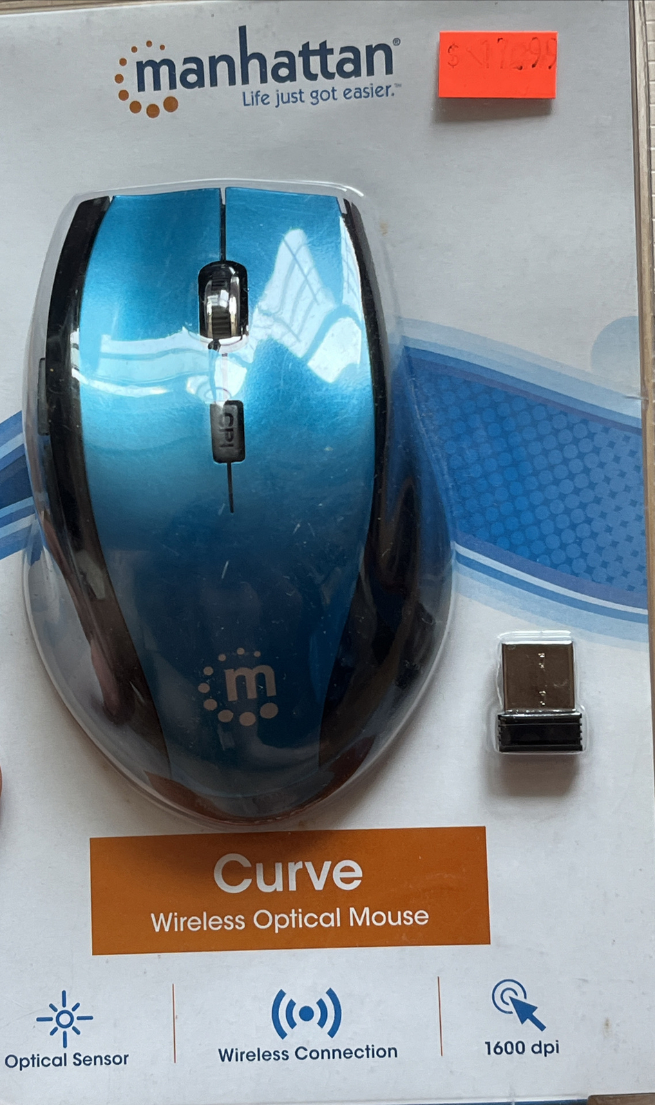 NEW; Light Blue Manhattan 179294 MANHATTAN CURVE WIRELESS OPTICAL USB MOUSE.