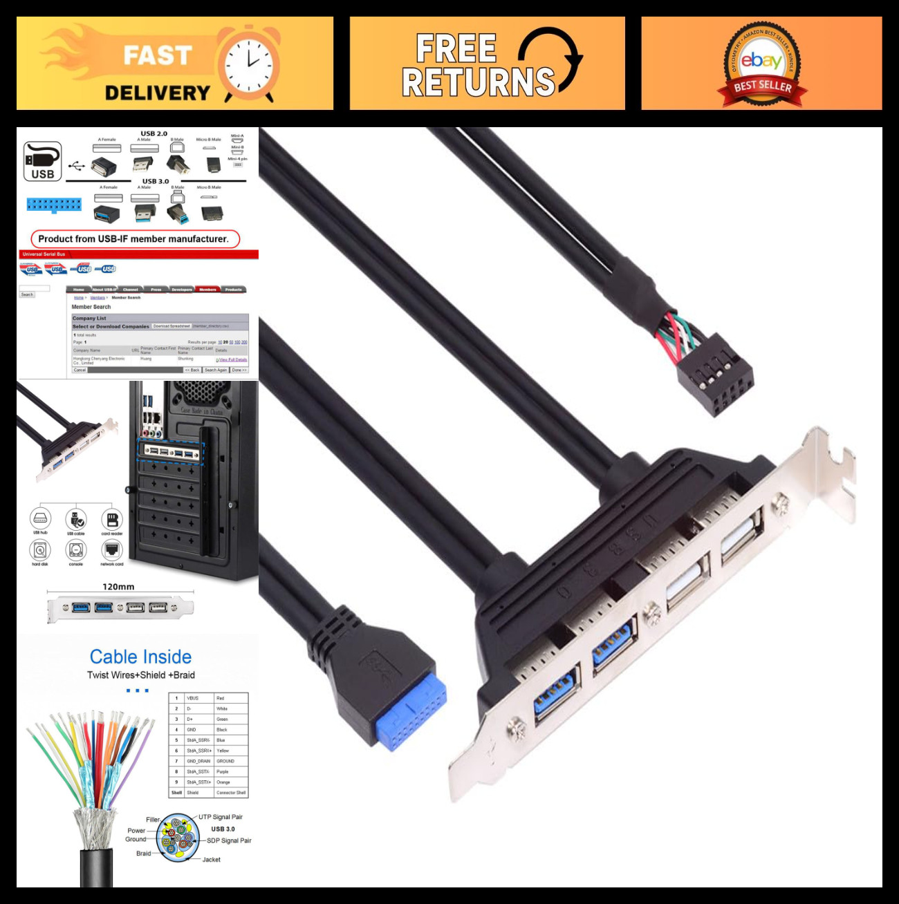 Internal USB 2.0 & 3.0 Female Mount Panel Cable with PCI Bracket - 50cm, 9pin/19
