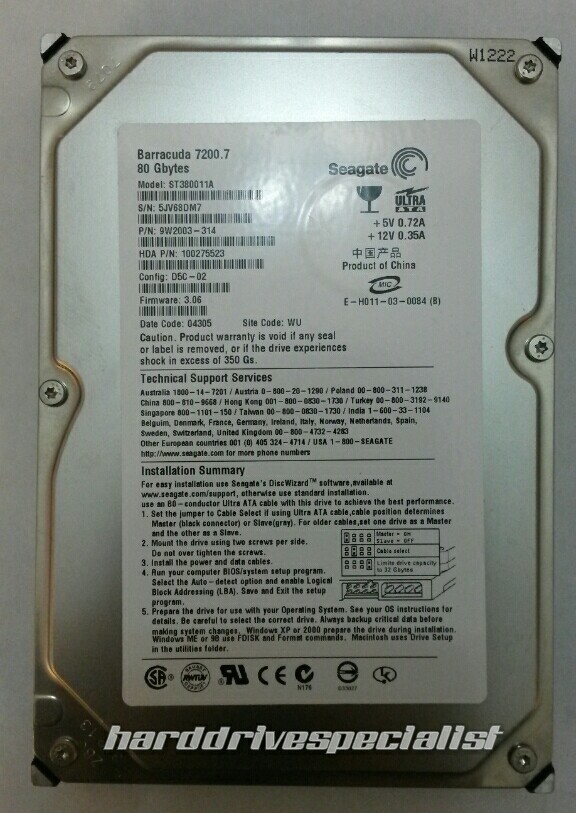 Seagate ST380011A 80GB IDE P/N:9W2003-314 Config:D5C-02 F/W:3.06 Site:WU