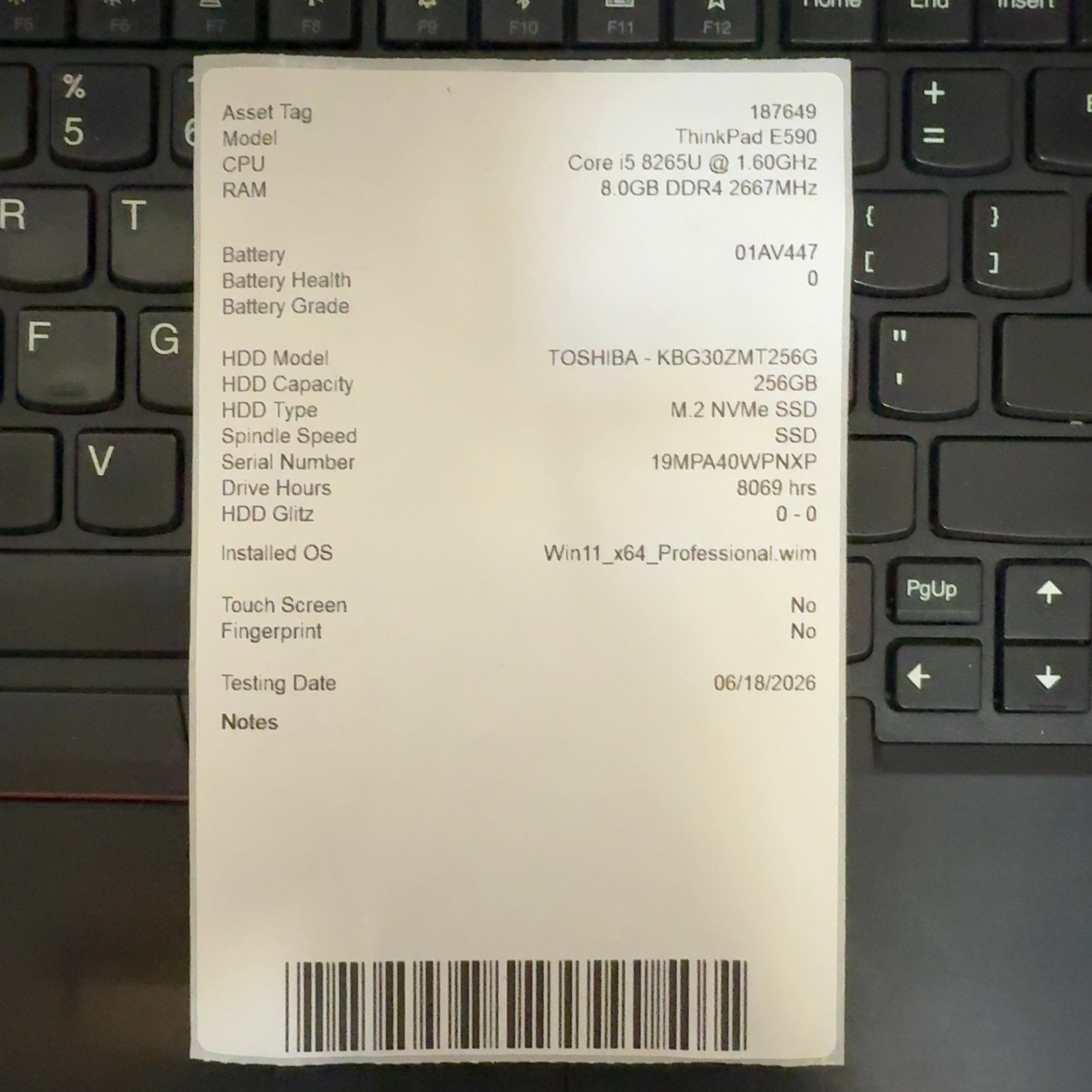 Lenovo ThinkPad E590 15.6" i5-8265U 1.6GHz 8GB RAM 256GB NVMe SSD Win 11 Pro