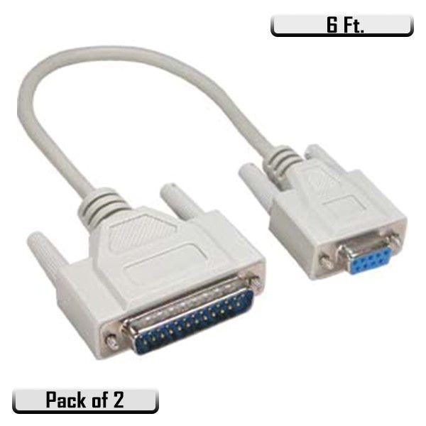 2x 6Ft DB9 DB-9 Female to DB25 DB-25 Male Fully Molded DB9-F/DB25-M Cable