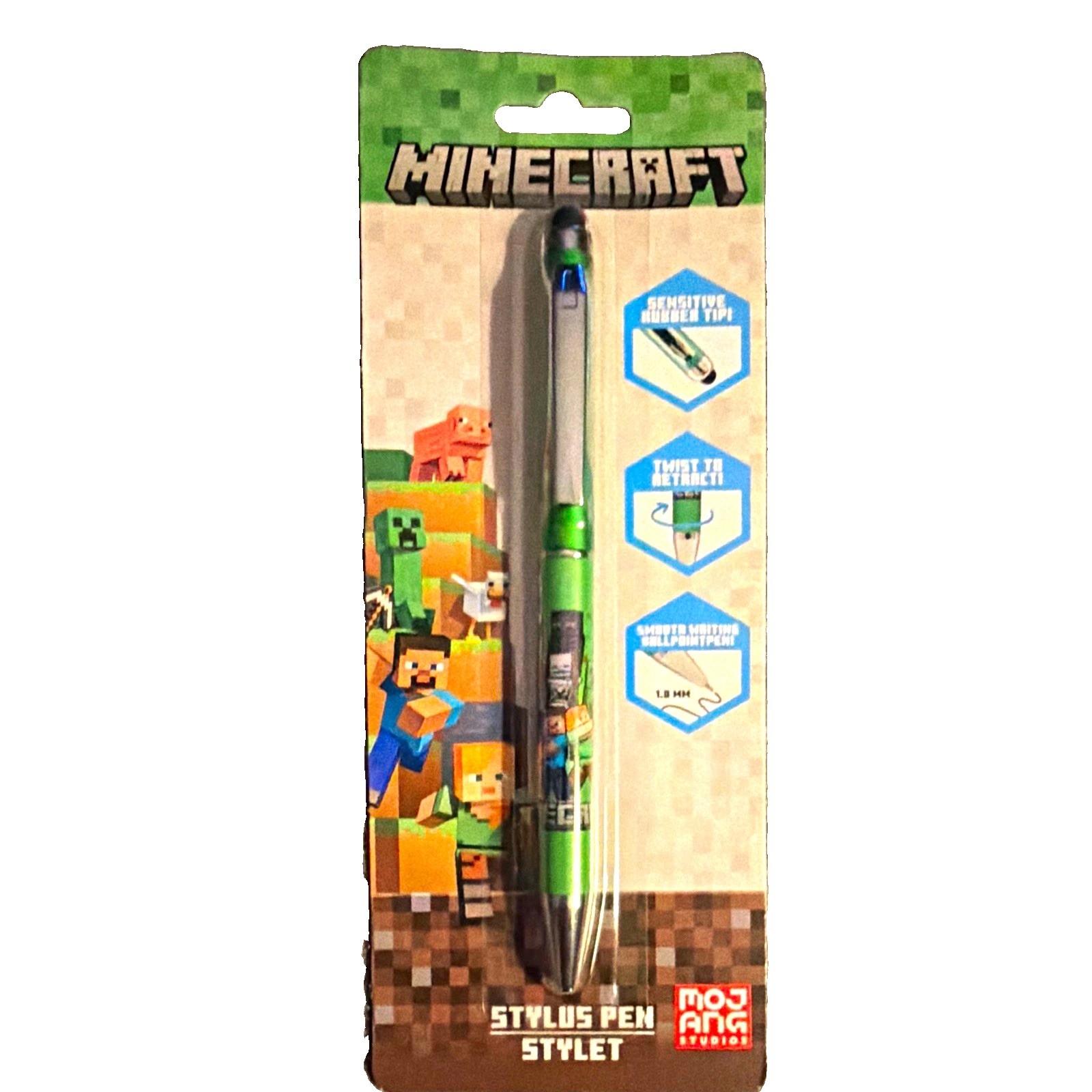 Minecraft Retractable Stylus Pen, Green/Gray, Universal Compatibility