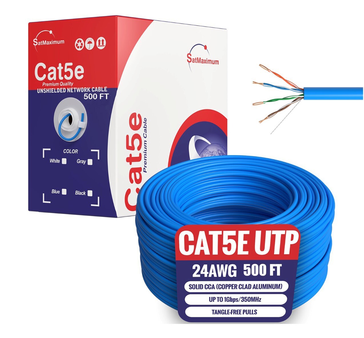 500FT CAT5e UTP Ethernet Network Cable Blue 24AWG LAN Solid Bulk Wire