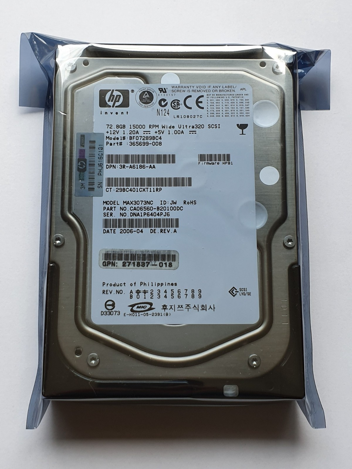 72.8GB HP Fujitsu MAX3073NC BF07289BC4 15000rpm Ultra320 SCSI 80pin 3.5" New