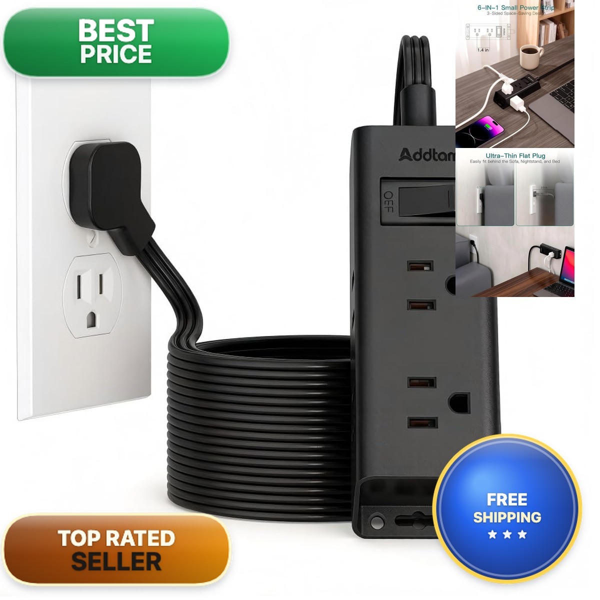 Addtam Flat Plug Power Strip 6 Outlet Extender 25 Ft Extension Cord Flat Wall