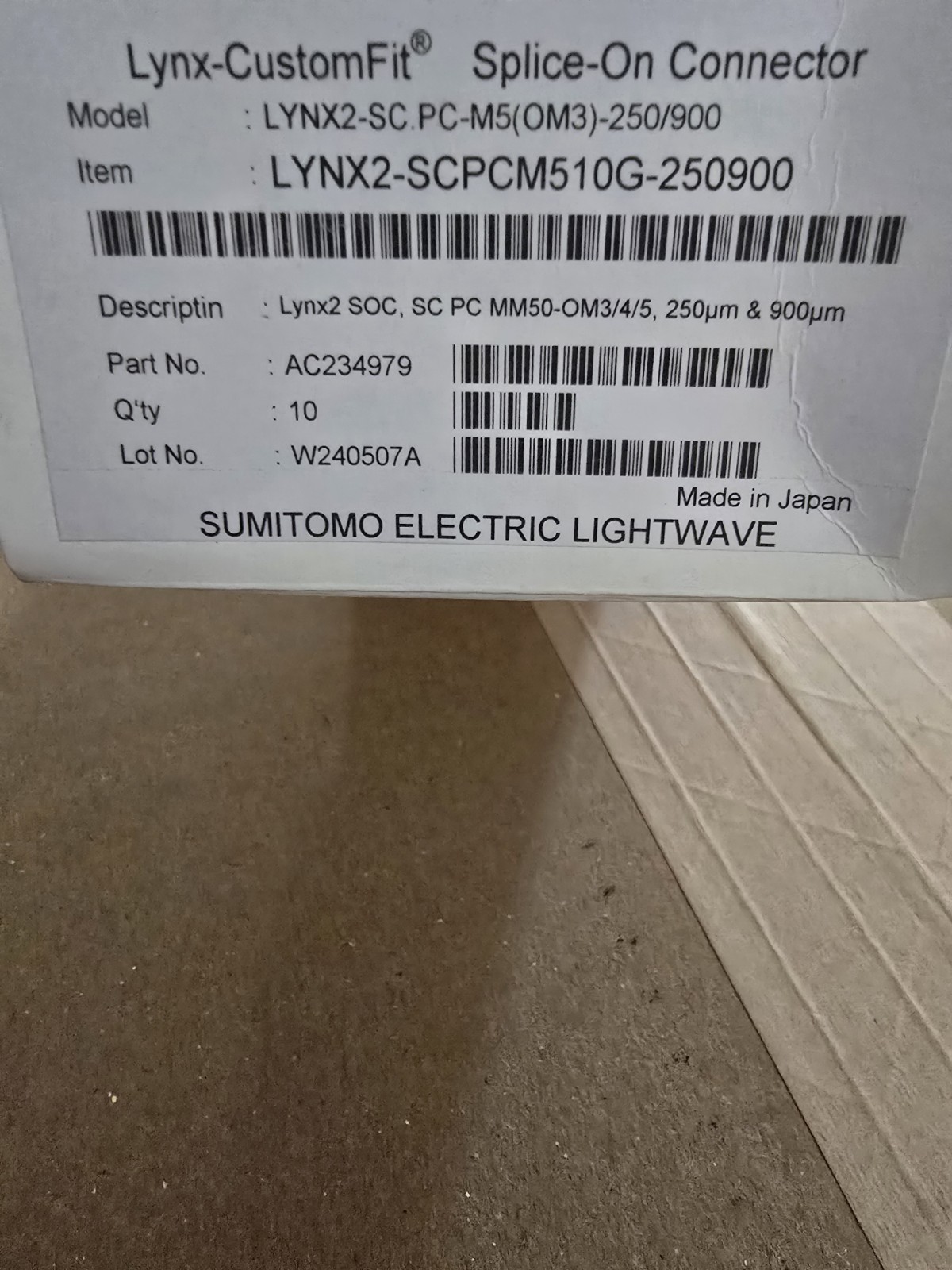 LYNX2-SCPCM510G-250900 Sumitomo SC OM3/4/5 MM50 FUSION SPLICE AC234979 QTY 10