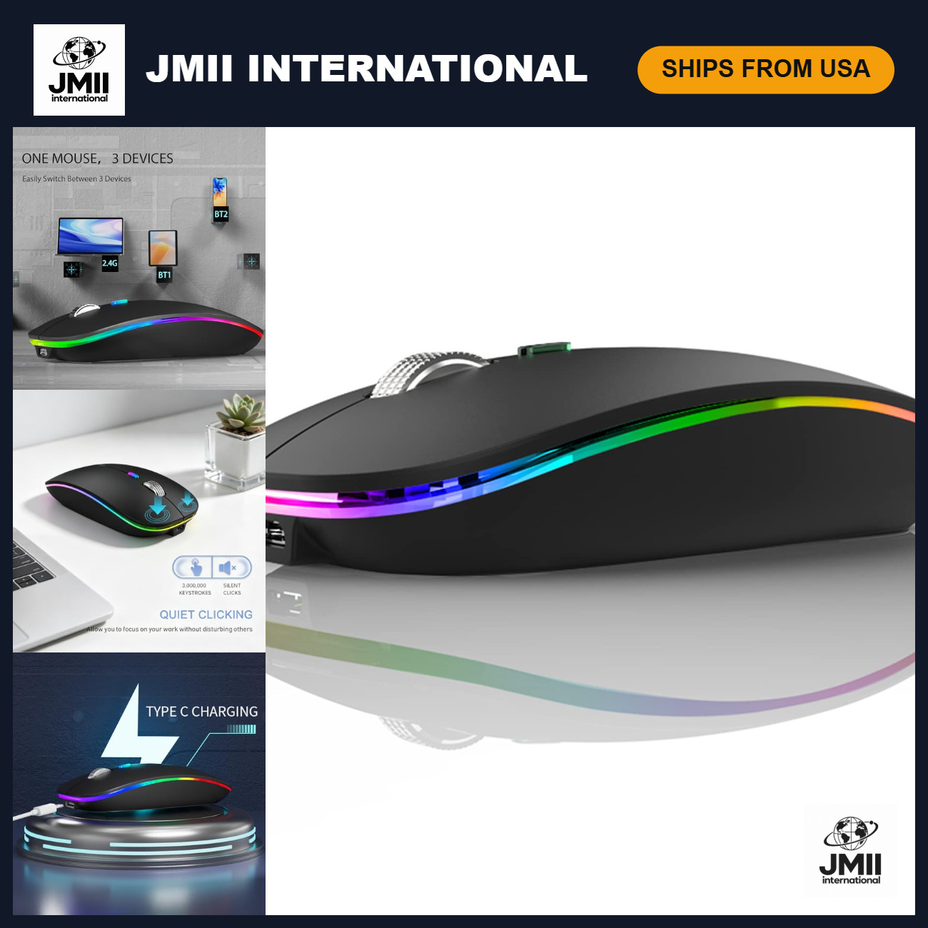 Wireless Bluetooth Mouse, LED Silent Rechargeable Ergonomic Design - Matte Black