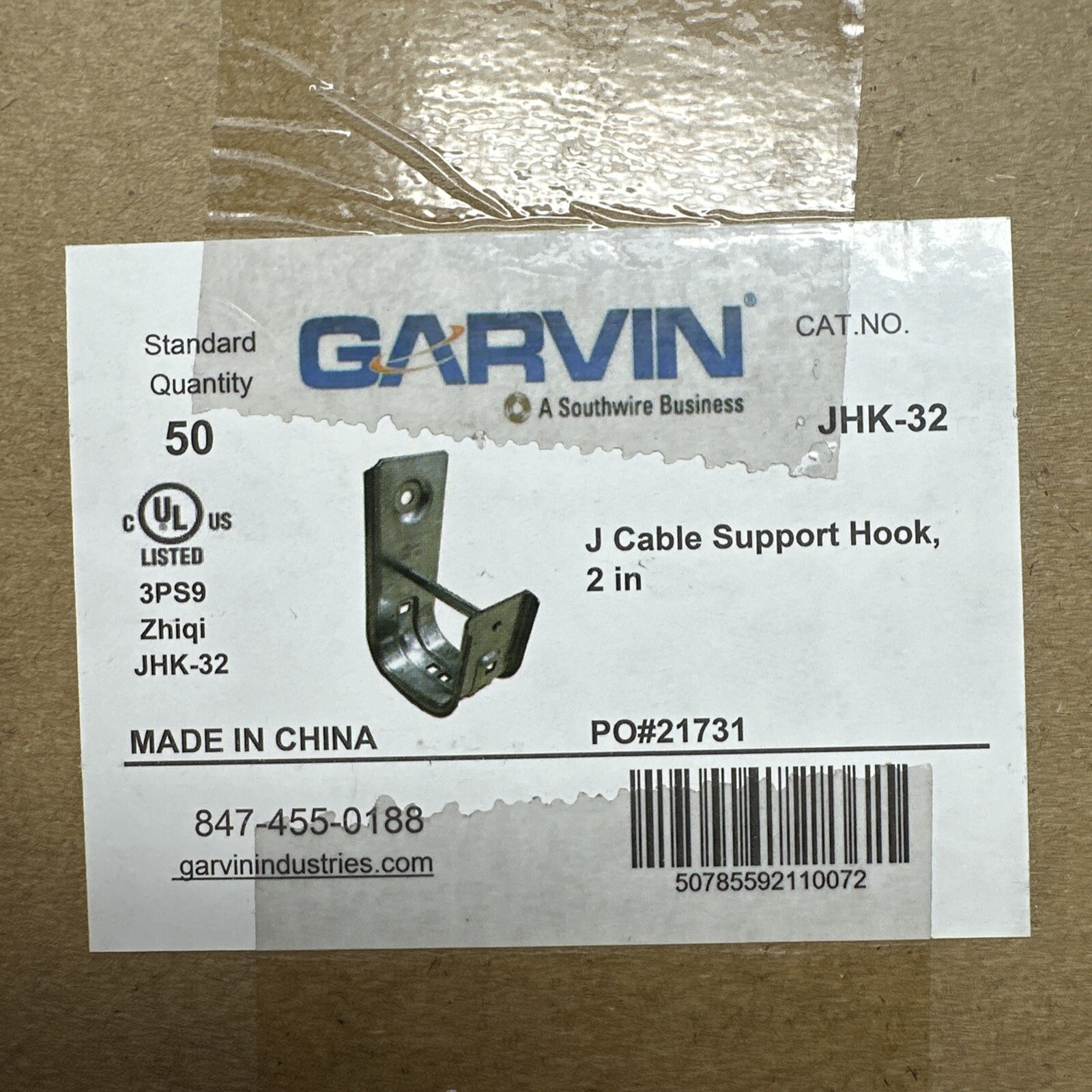 50-Pack Garvin JHK-32 2 Inch J Hook Cable Support NEW