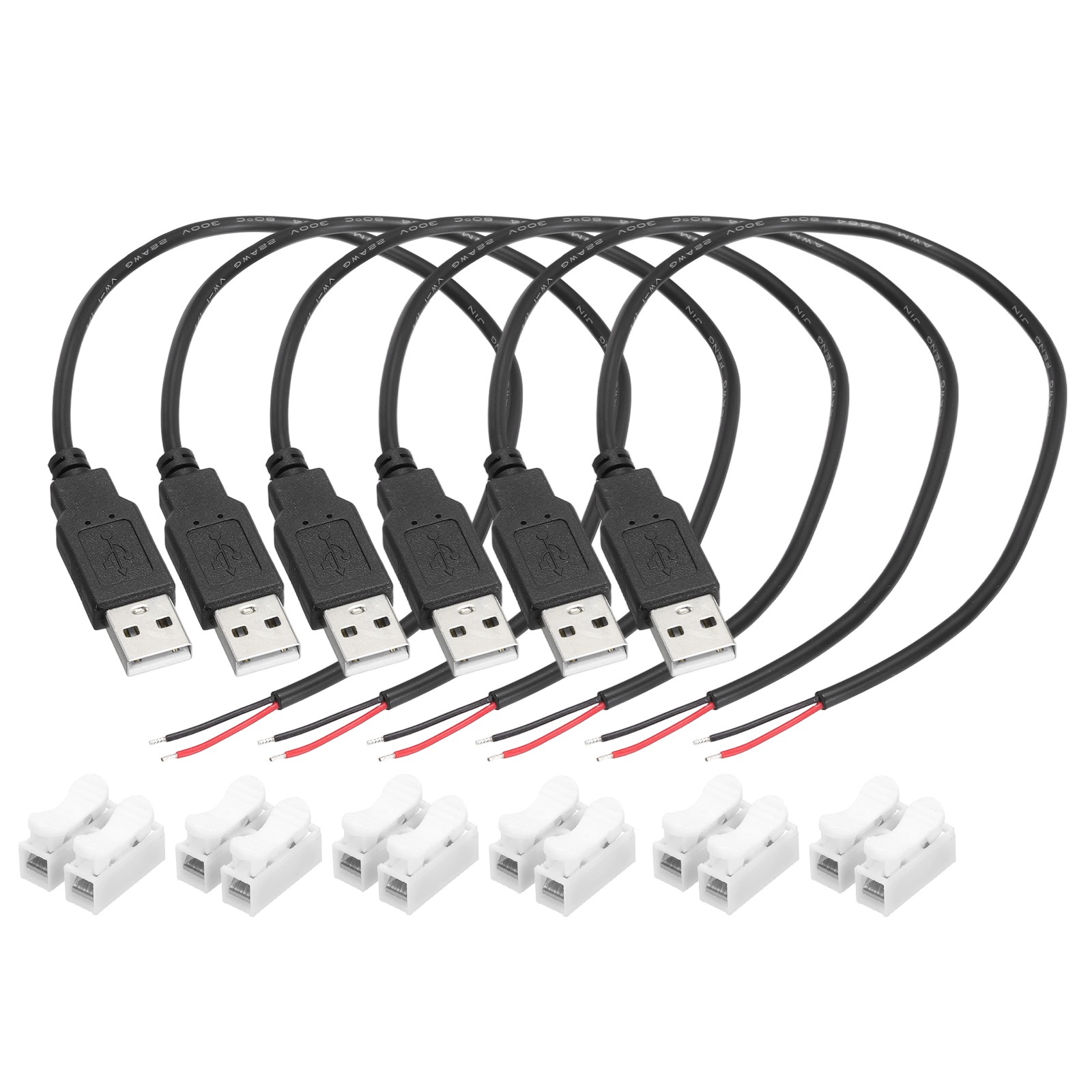 6Pcs USB Plug Pigtail, 0.3 M/1 ft Male 22 AWG 5V 3A with Wire Connector, Black