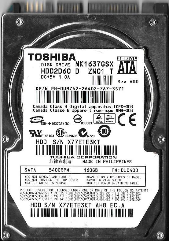 TOSHIBA MK1637GSX HDD2D60 D ZM01 T 160GB SATA HARD DRIVE  FW: DL040D
