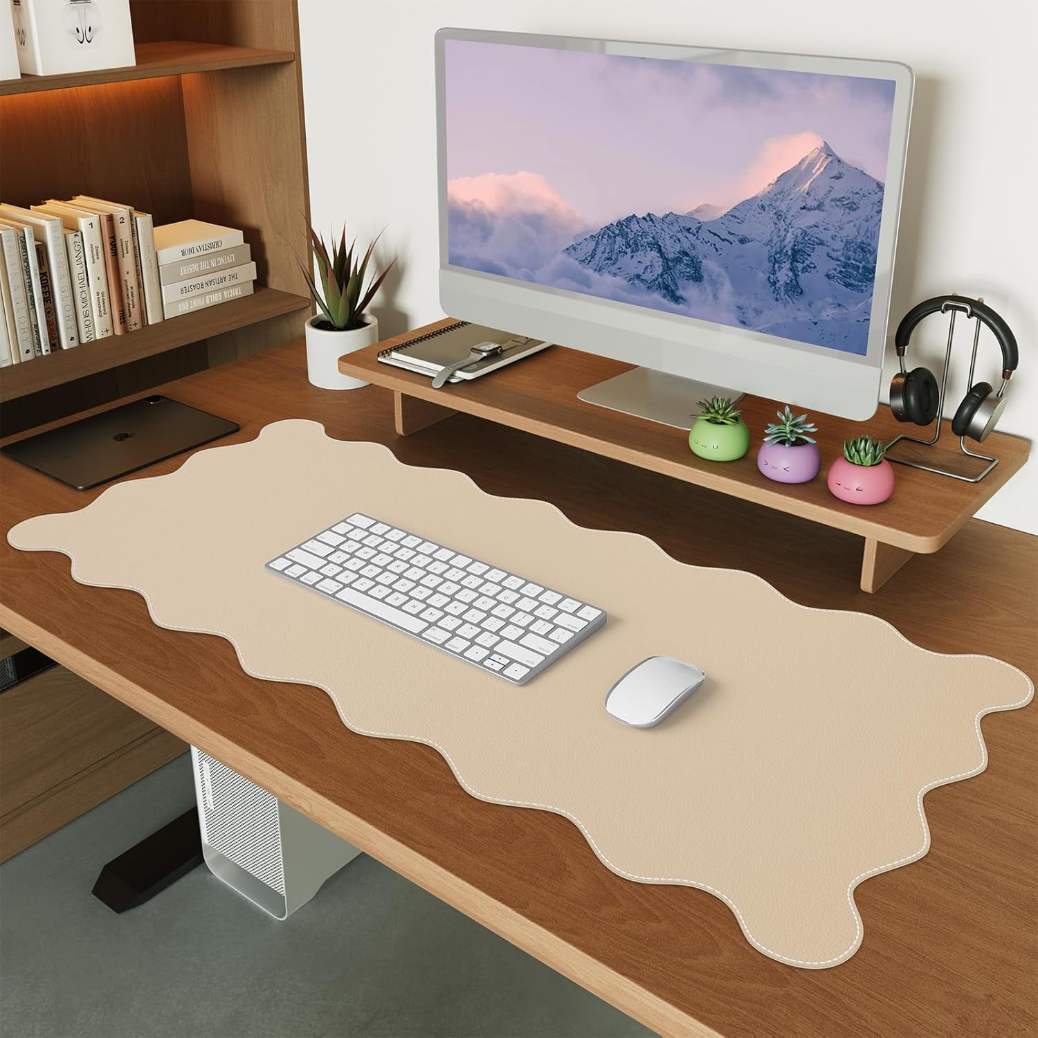 Icasso Leather Mouse Pad,Extra Large Desk Pad,Cute Scalloped Computer Mat for De