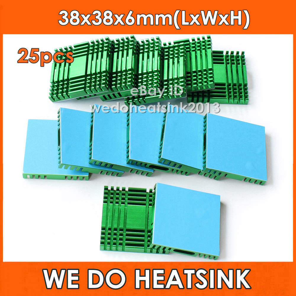 25pcs Chipset Green Aluminum Heat Sink 38mm x 38mm x 6mm With Thermal Tape