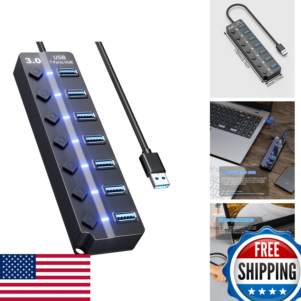 Eanetf 7-Port USB 3.0 Hub On/Off Switches 4ft for MacBook PC