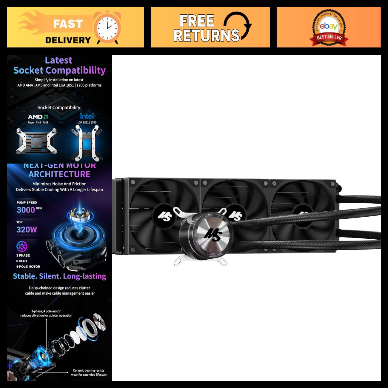 360mm AIO Liquid CPU Cooler, Low-Noise Water Cooling for AMD AM5/AM4 & Intel LGA