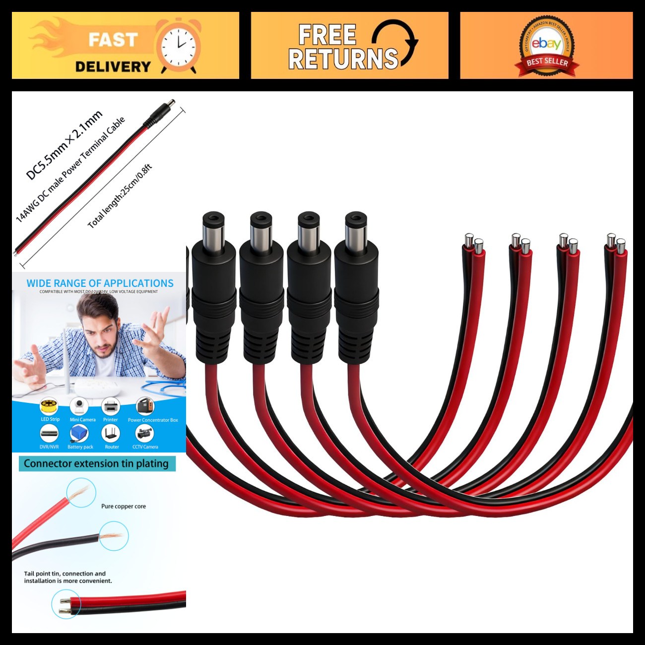5.5mm x 2.1mm DC Power Connector Cable, 0.8FT Length, 5-Pack, Durable & Reliable