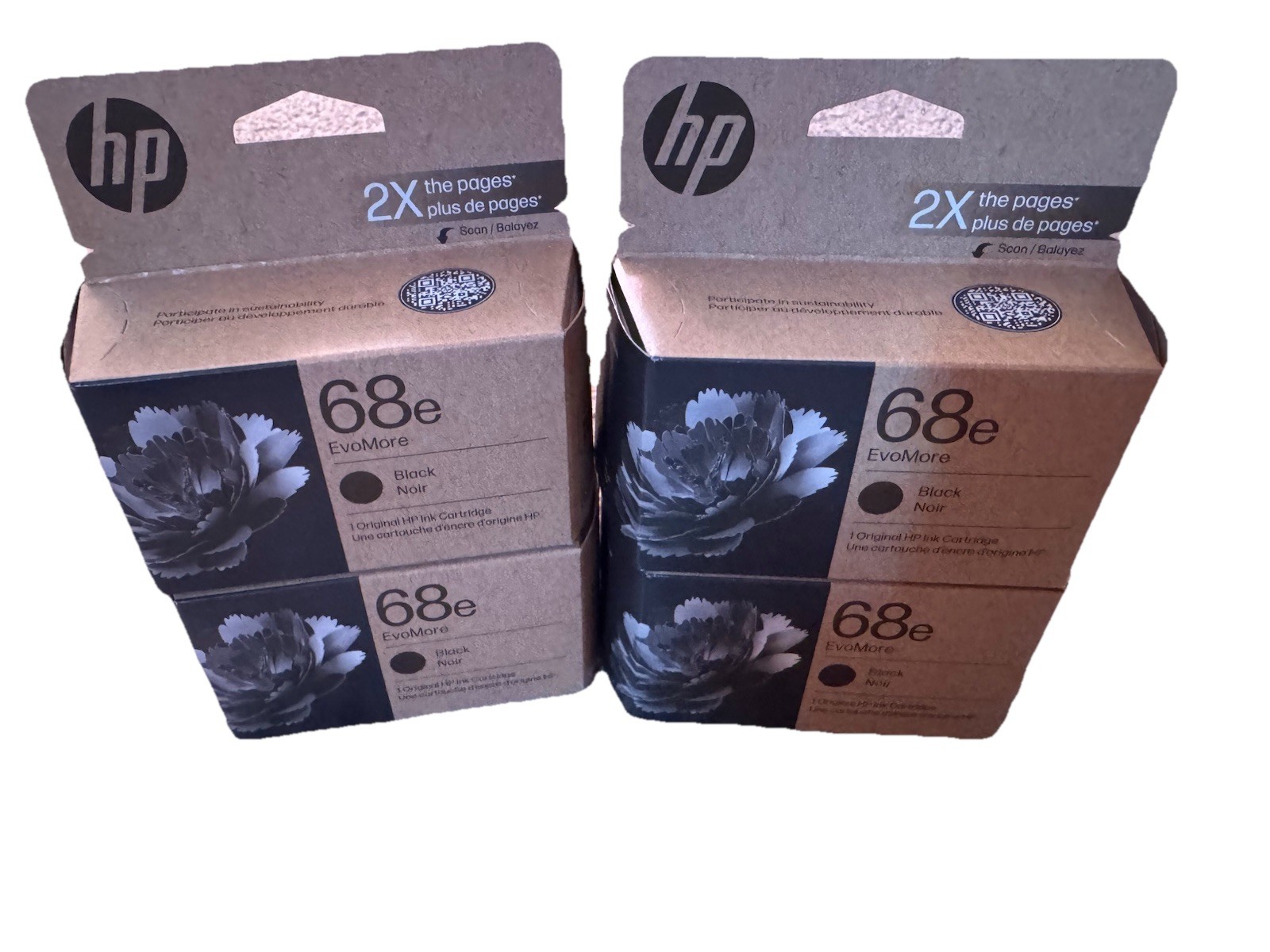 4x Genuine HP 68e EvoMore Black Ink Cartridge (7FP22TN) -- BRAND NEW Lot Of 4