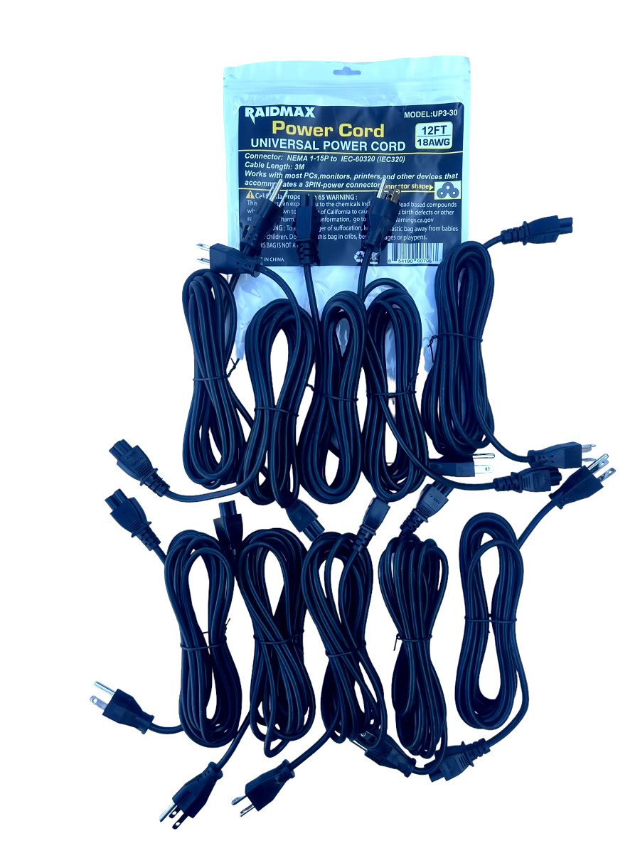 Power Cord 12ft 18 Gauge Universal 3 Prong Cord PC Monitor Printer *LOT OF 10*