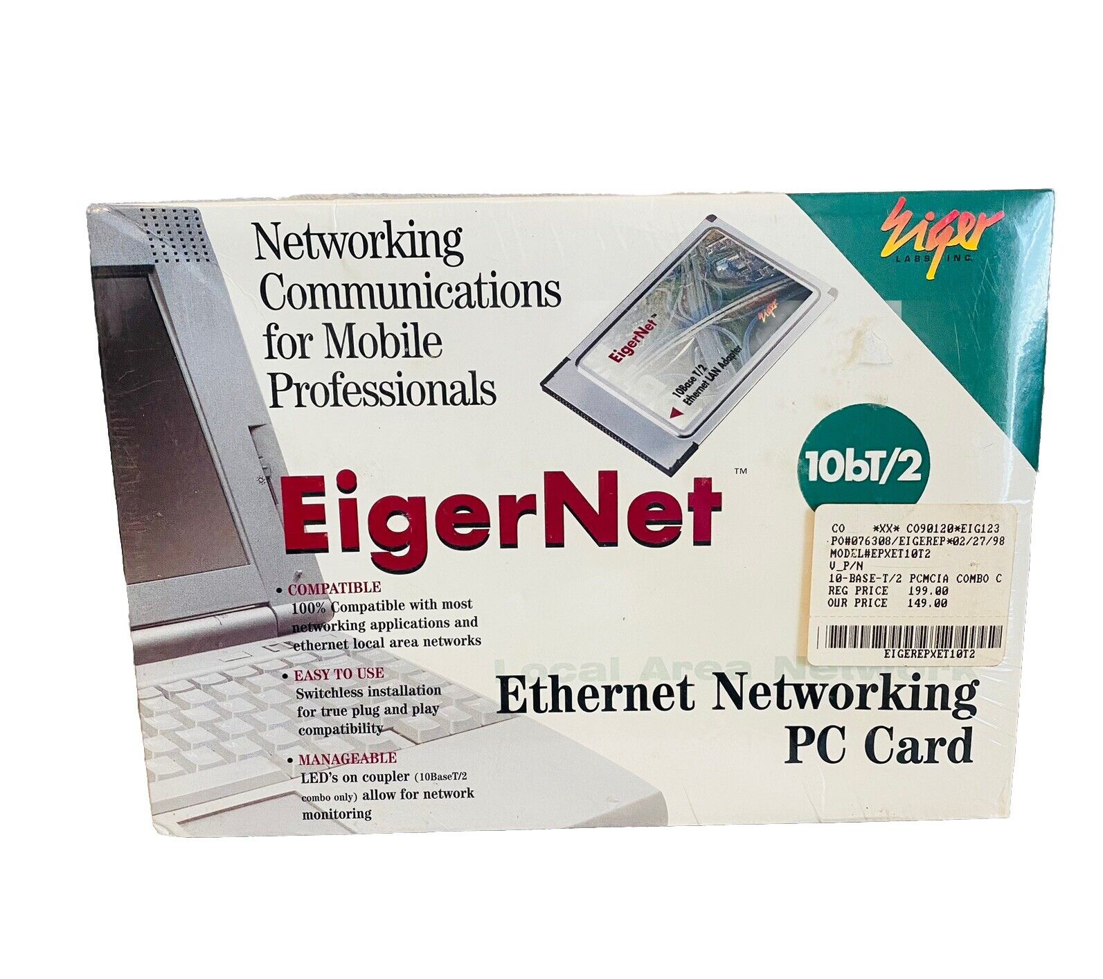 Vintage EigerNet PCMCIA Ethernet LAN Adapter PC Card EPX-ET10T2 New Sealed 