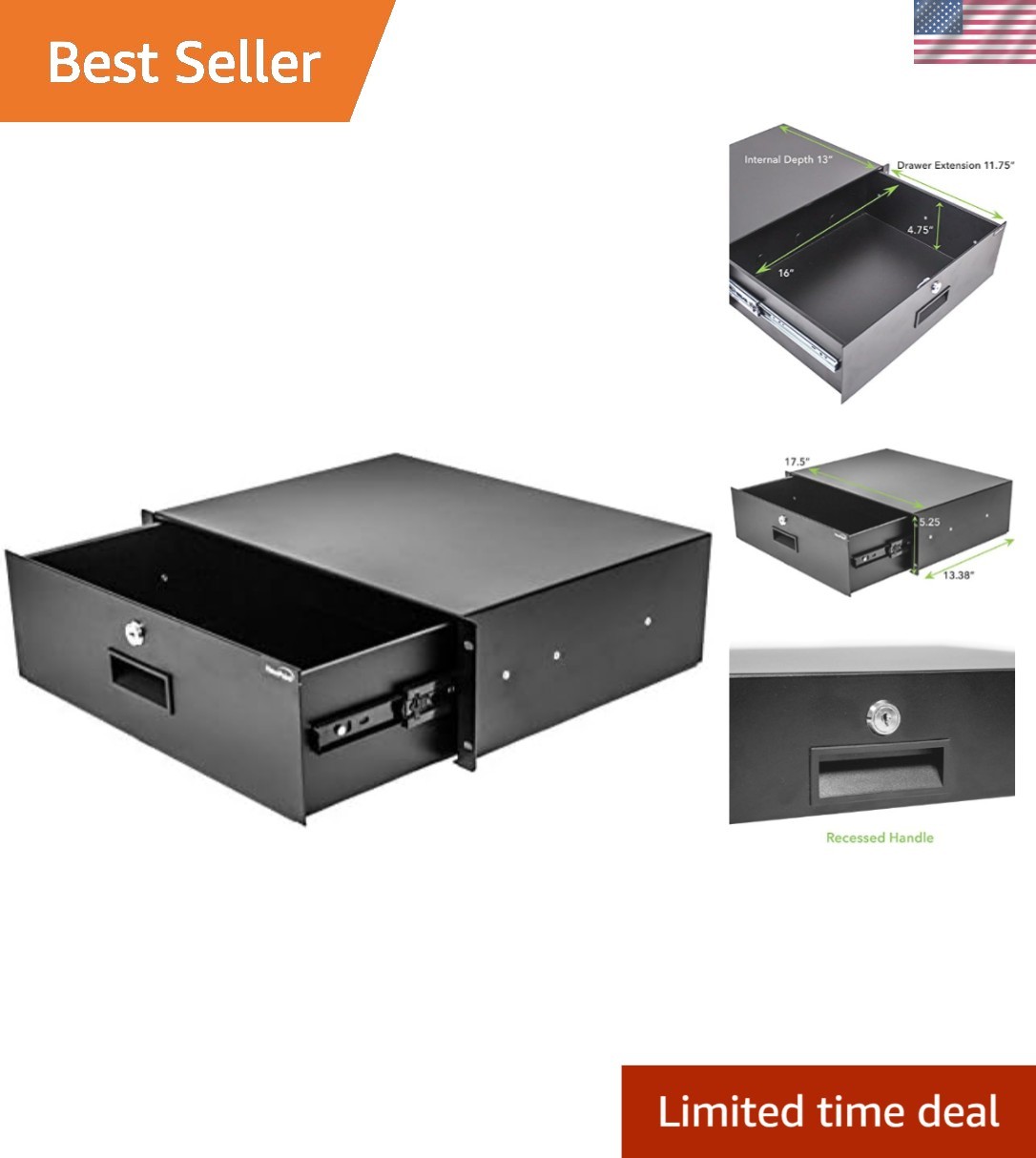 Stylish Black 3U Rack Mount Case with Lockable Drawer for Tech Professionals