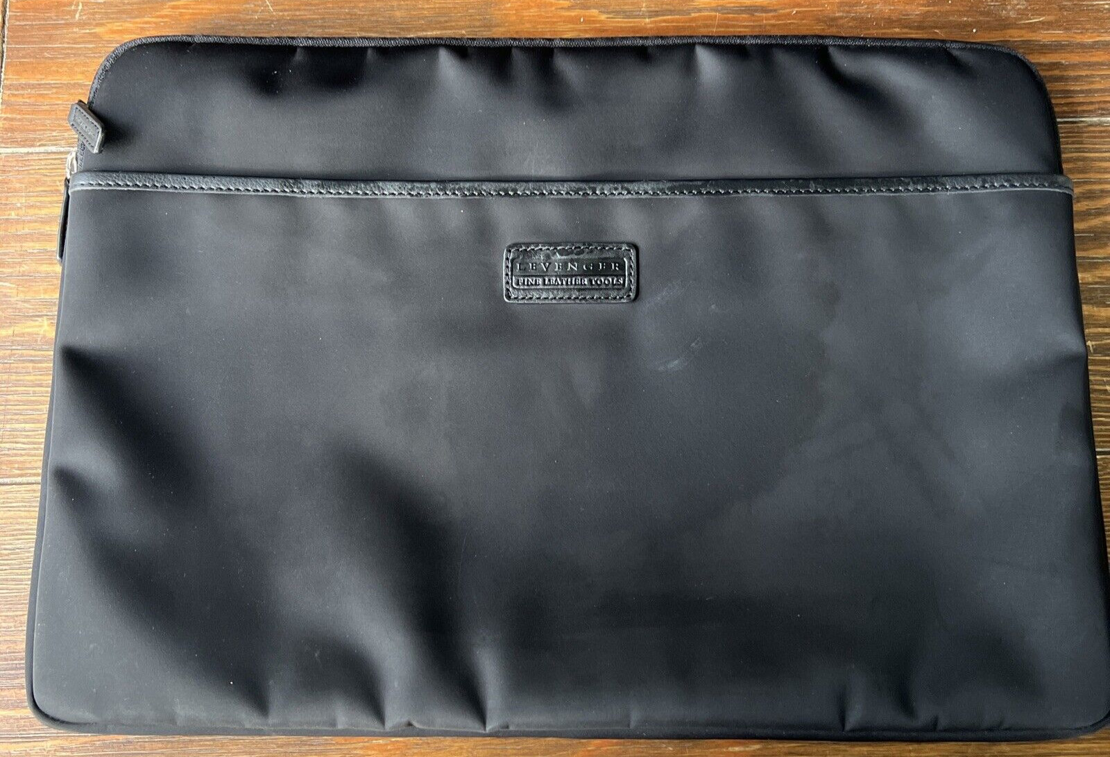 Levenger Soft Padded Laptop Sleeve Case Black 16.5” x 12" Nylon w/Leather Trim