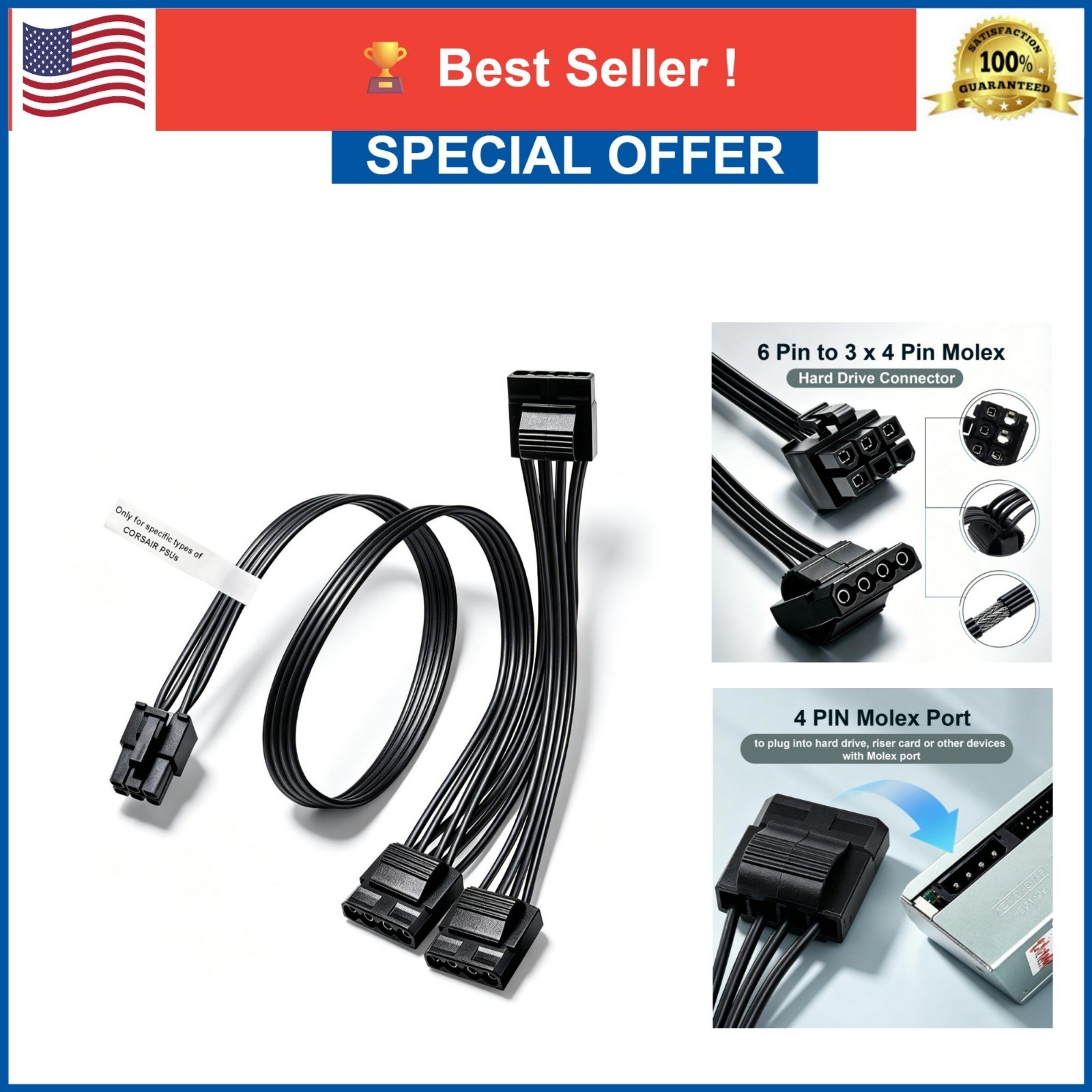 COMeap 6 Pin to 3X 4 Pin Molex Power Cable for Corsair PSU BTC Mining Riser 20in