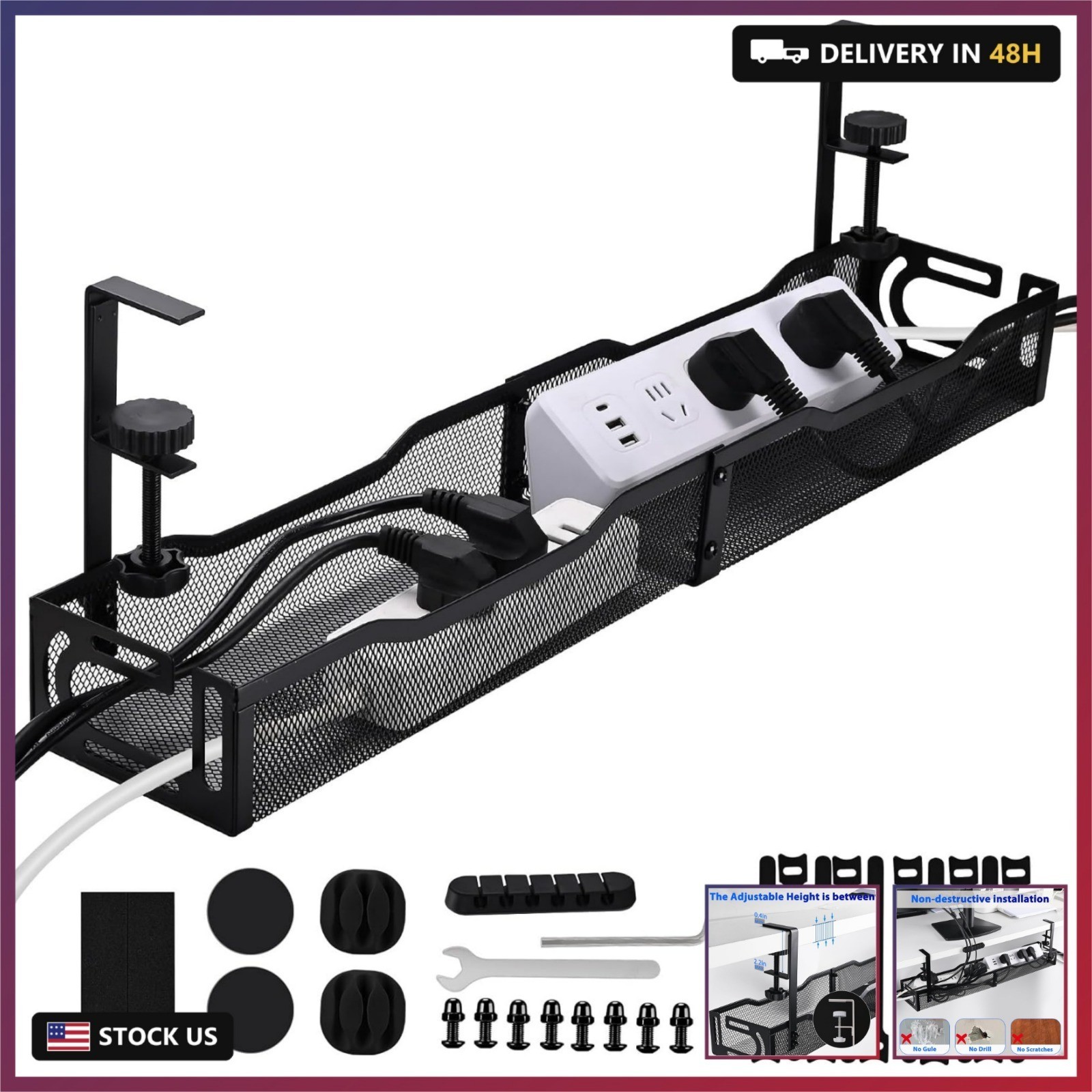 Under Desk Cable Management Tray 25.3 Inch, Clamp-On Cable Organizer Box for Sta