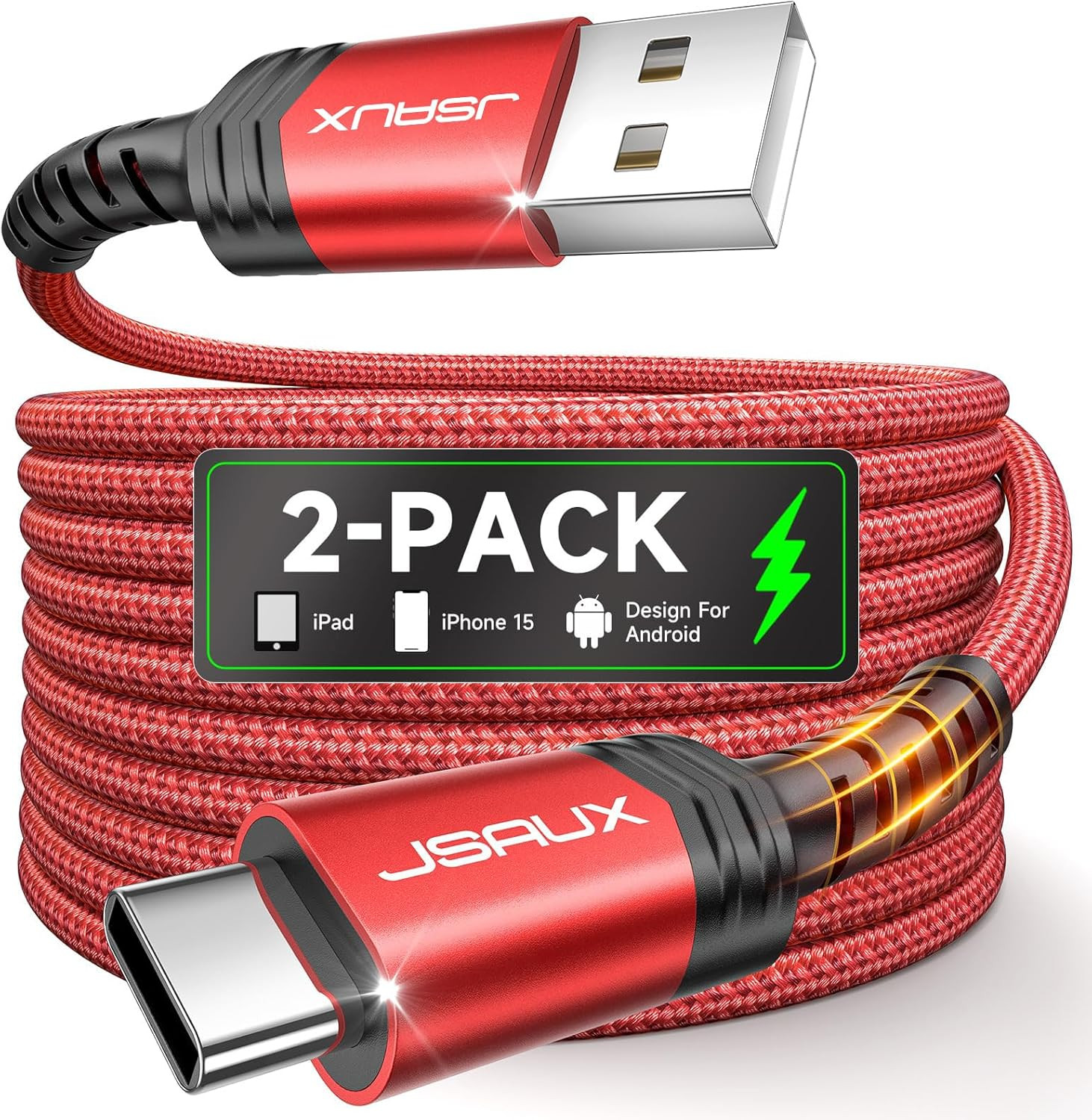 JSAUX USB A to USB C Cable 2-Pack 6.6FT Fast Charger for iPhone 17 16 15 RedJSAU