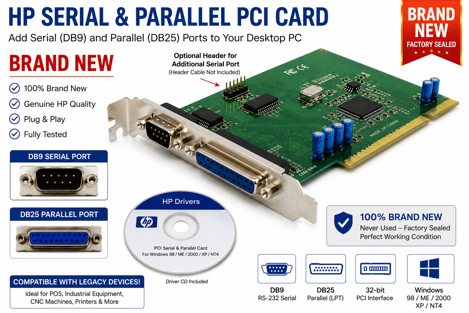 HP Serial & Parallel PCI Card for Windows 9X 2K ME XP NT4 (Brand New)