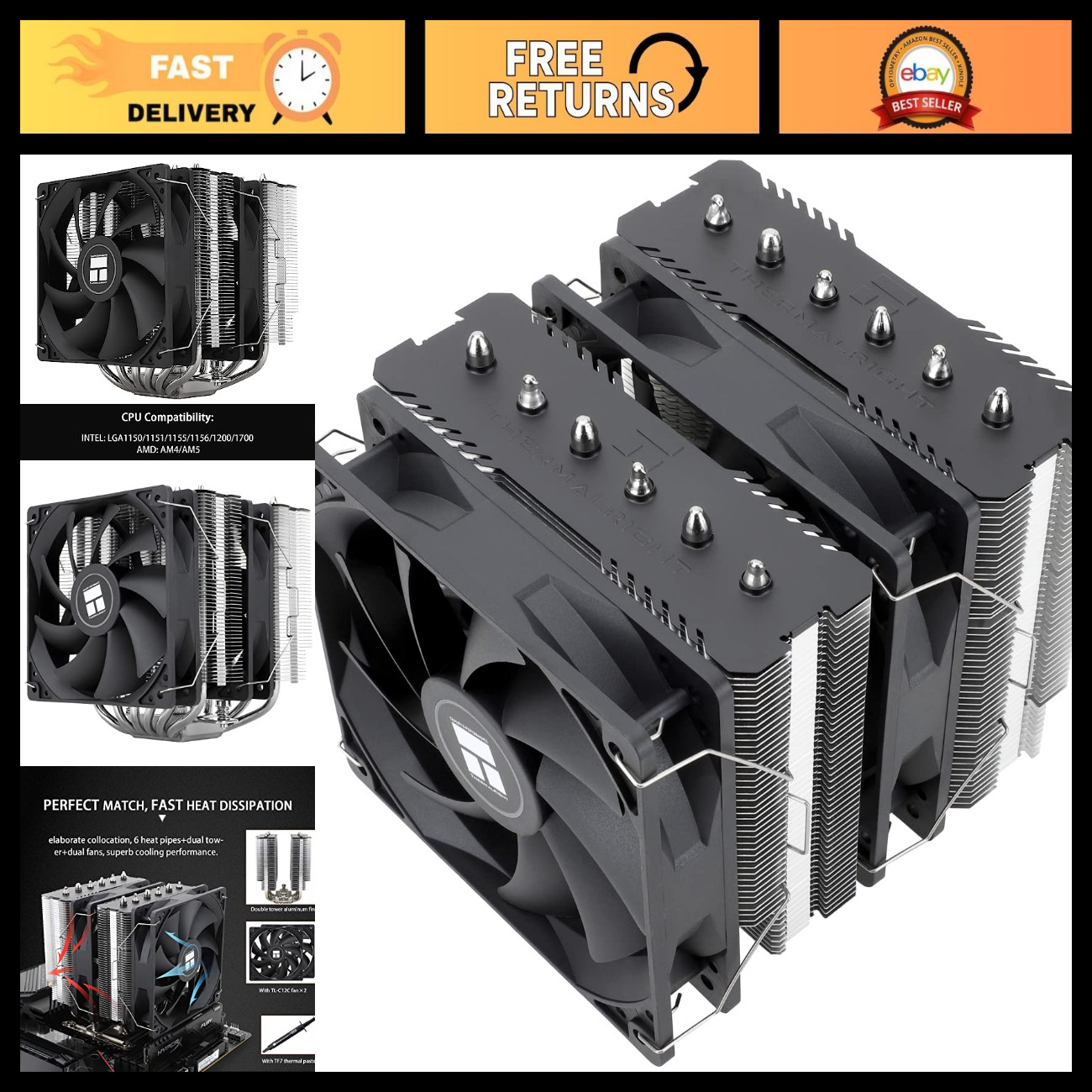 High-Performance CPU Cooler, 6 Heat Pipes, Dual 120mm PWM Fans, AMD/Intel Compat