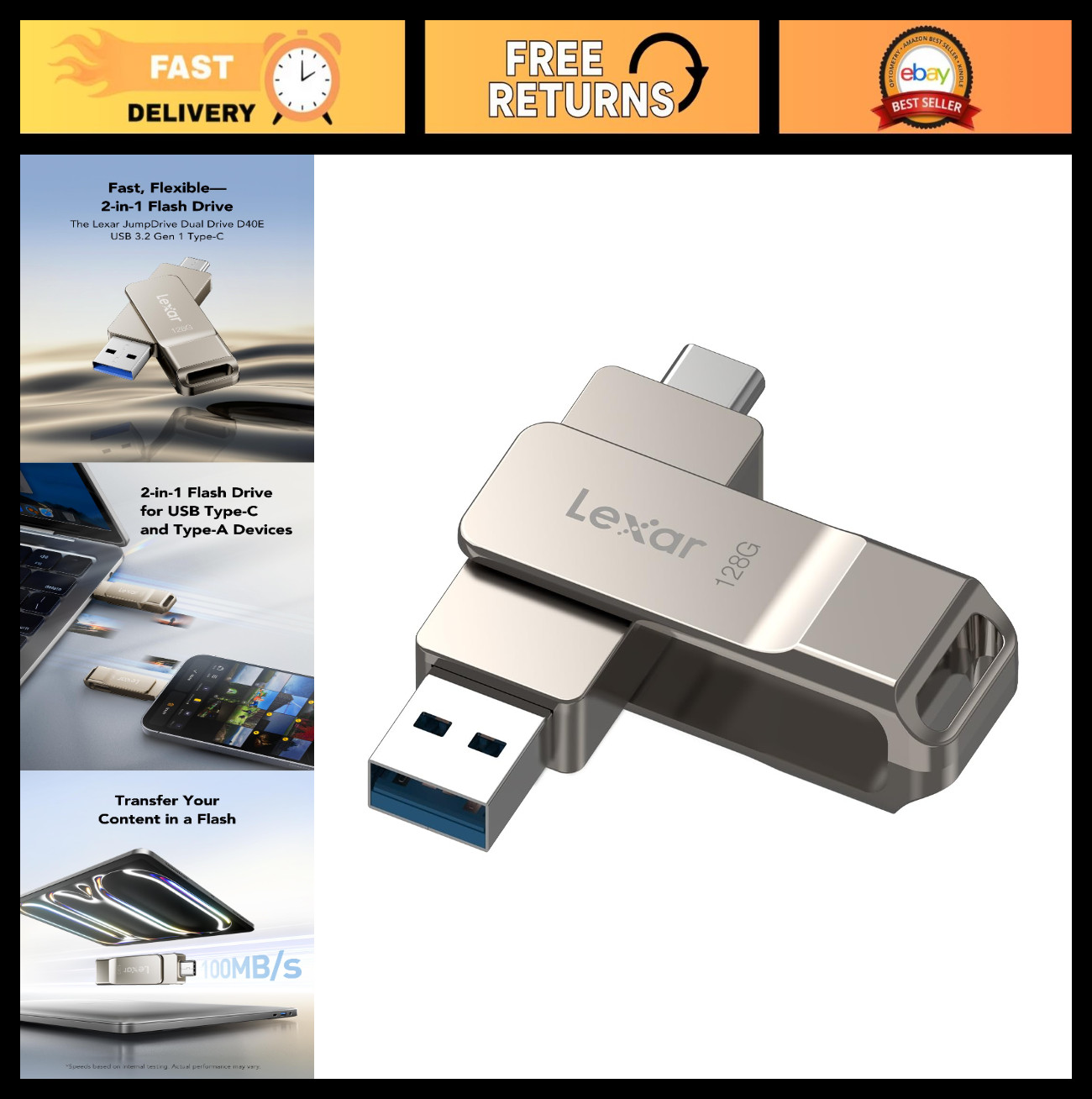 128GB Dual USB 3.2 Type-C Flash Drive, Metal Swivel Thumb Drive - Champagne Silv