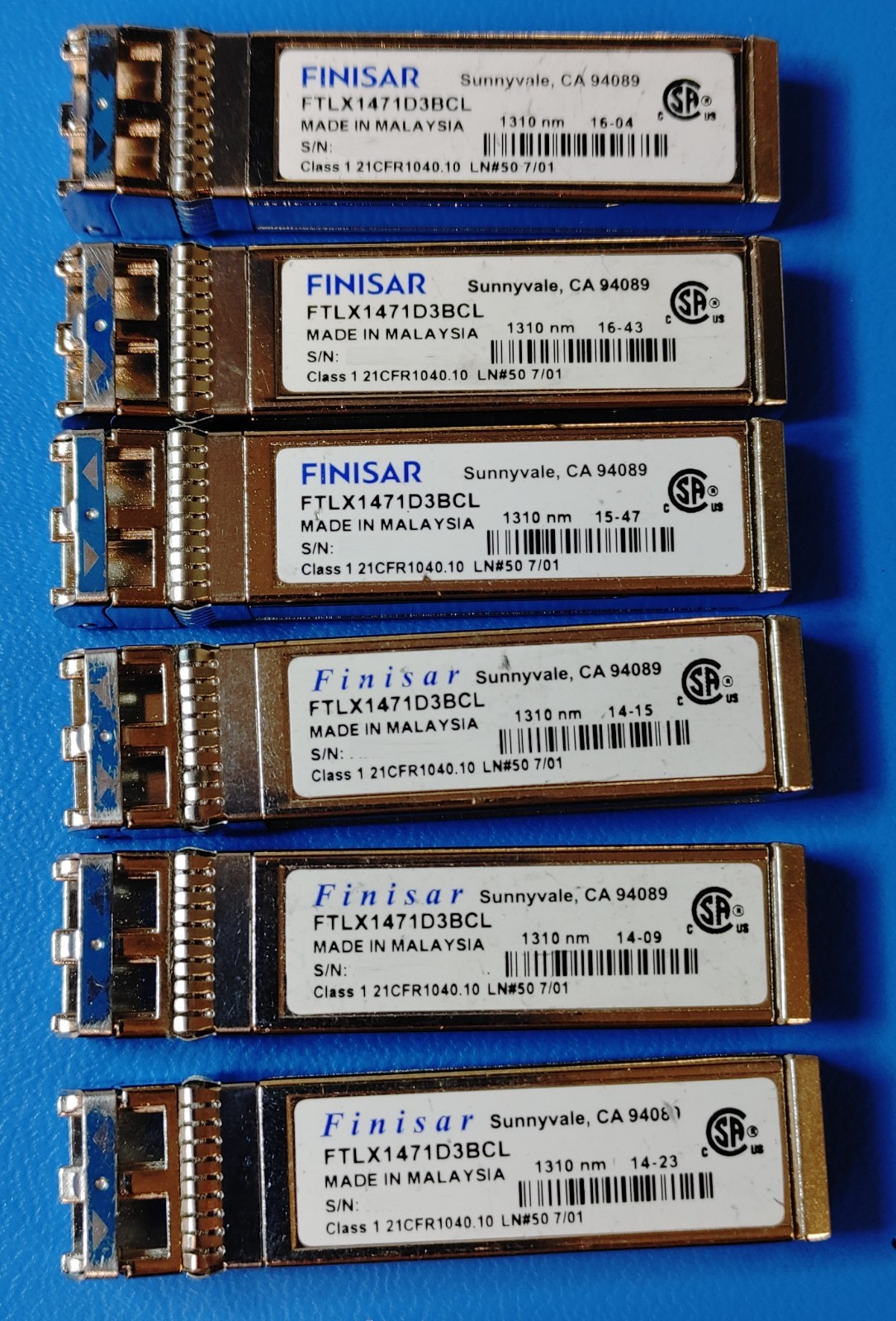 LOT of 6 Finisar FTLX1471D3BCL 10G SFP+LR 1310nm 10km SMF LC Optical Transceiver