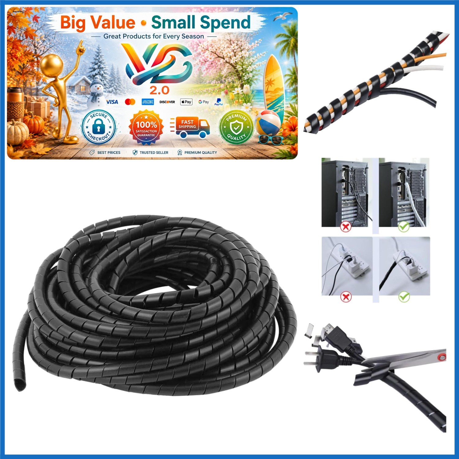 Black Spiral Cable Wrap 1/4 Inch 45 Ft Cord Cover Wire Organizer Sleeve