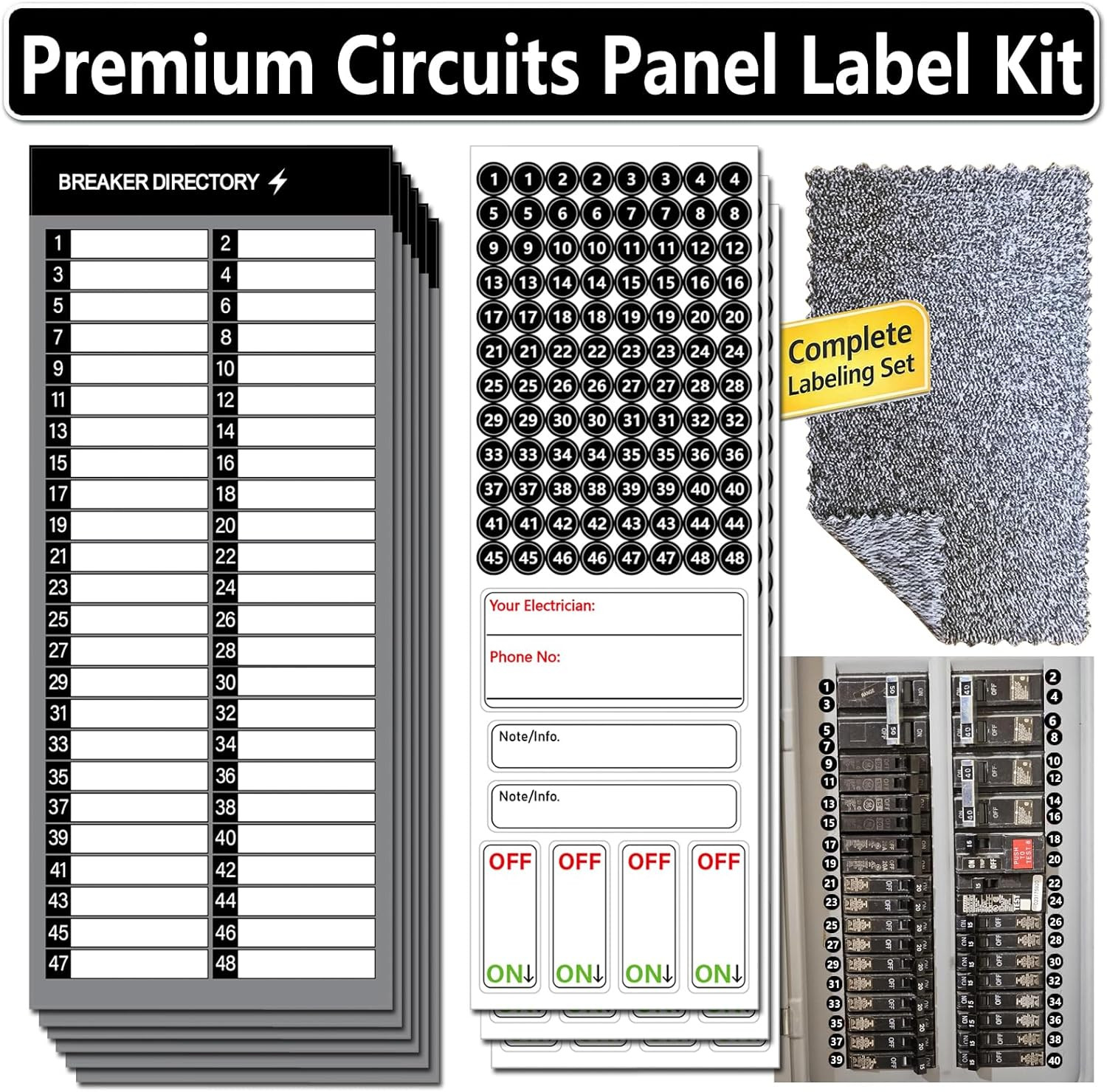 Electrical Panel Labels Kit, 48 Circuit Breaker Labels with Cleaning Cloth |