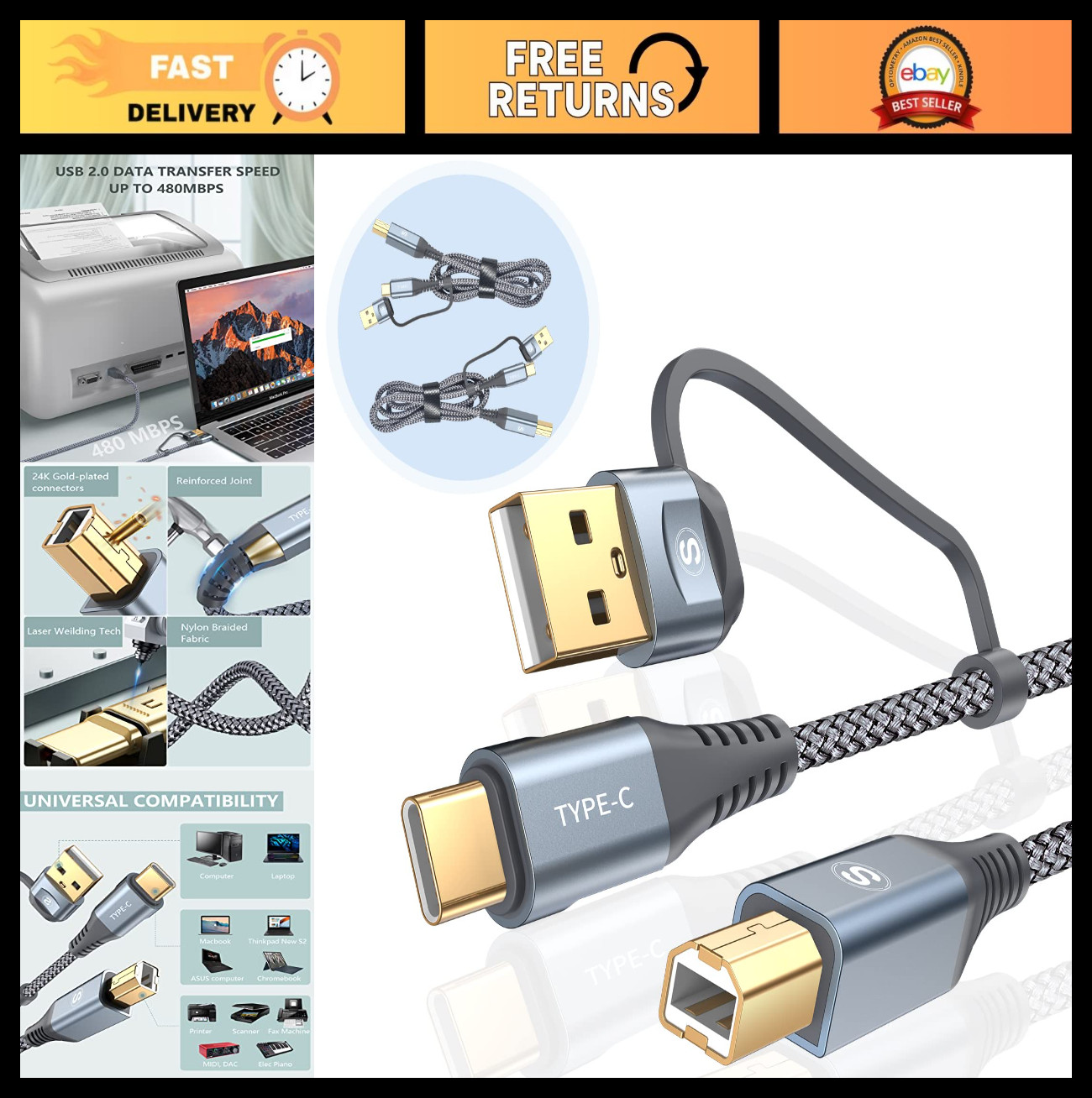 High-Speed 2-Pack 10ft USB-A/C to USB-B Printer Cable, Braided Durable Design