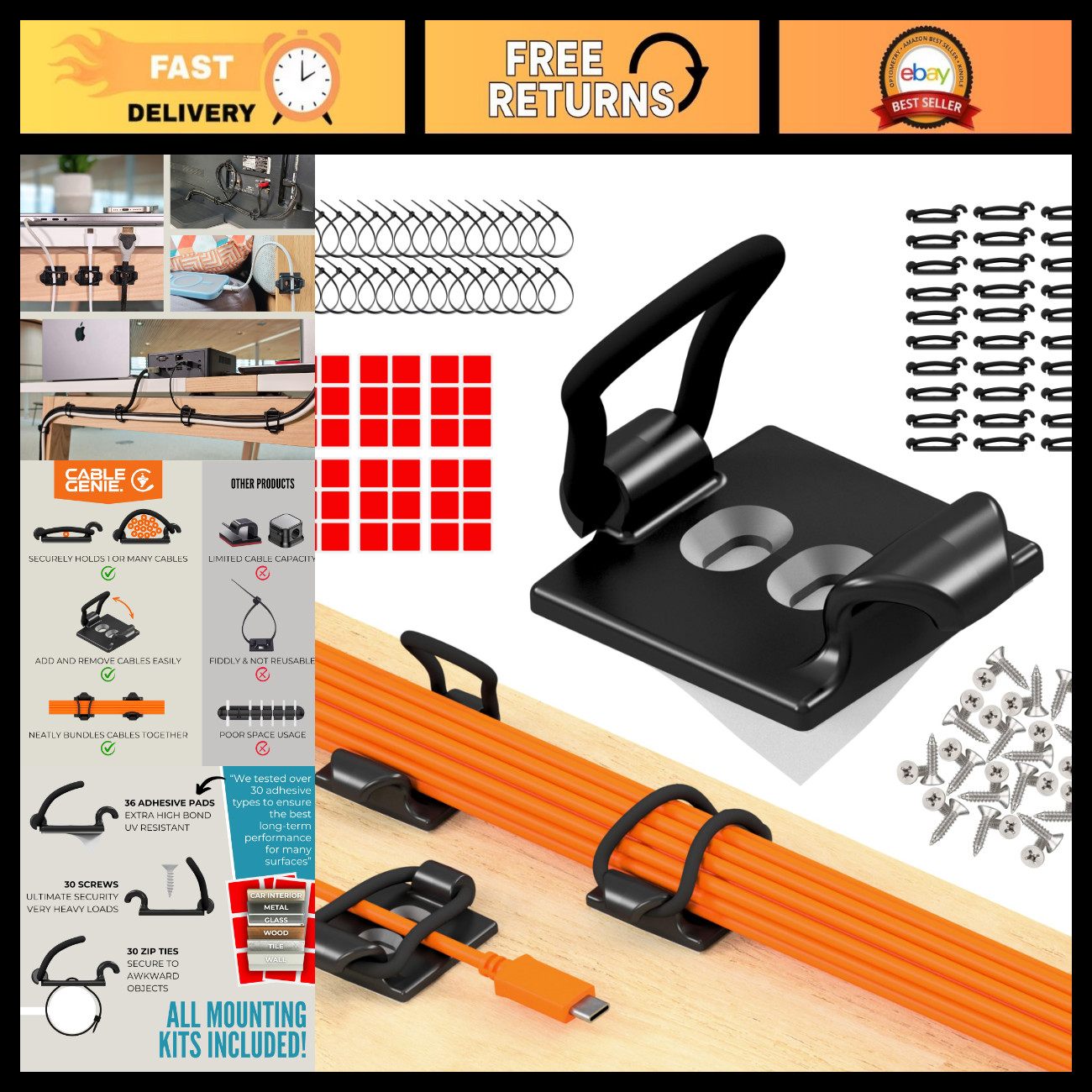 30-Pack Adjustable Elastic Cable Tidy Clips - Self-Adhesive Cable Management for