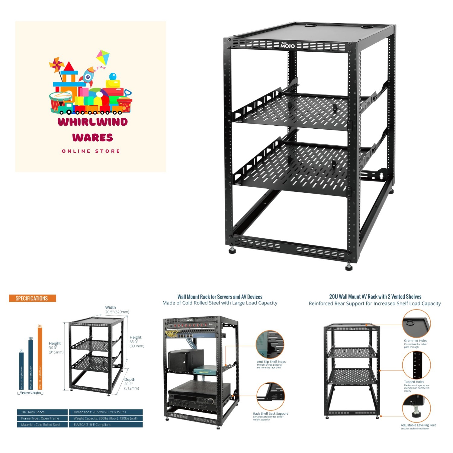 20U Open Frame Network Rack for IT & AV Gear with 2 Shelves - Versatile Setup