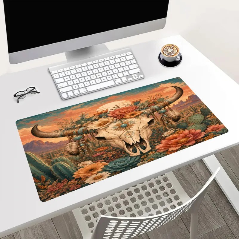 Western Bull Skull Mouse Pad 24x14in Large Desk Mat Boho Cactus Floral Decor