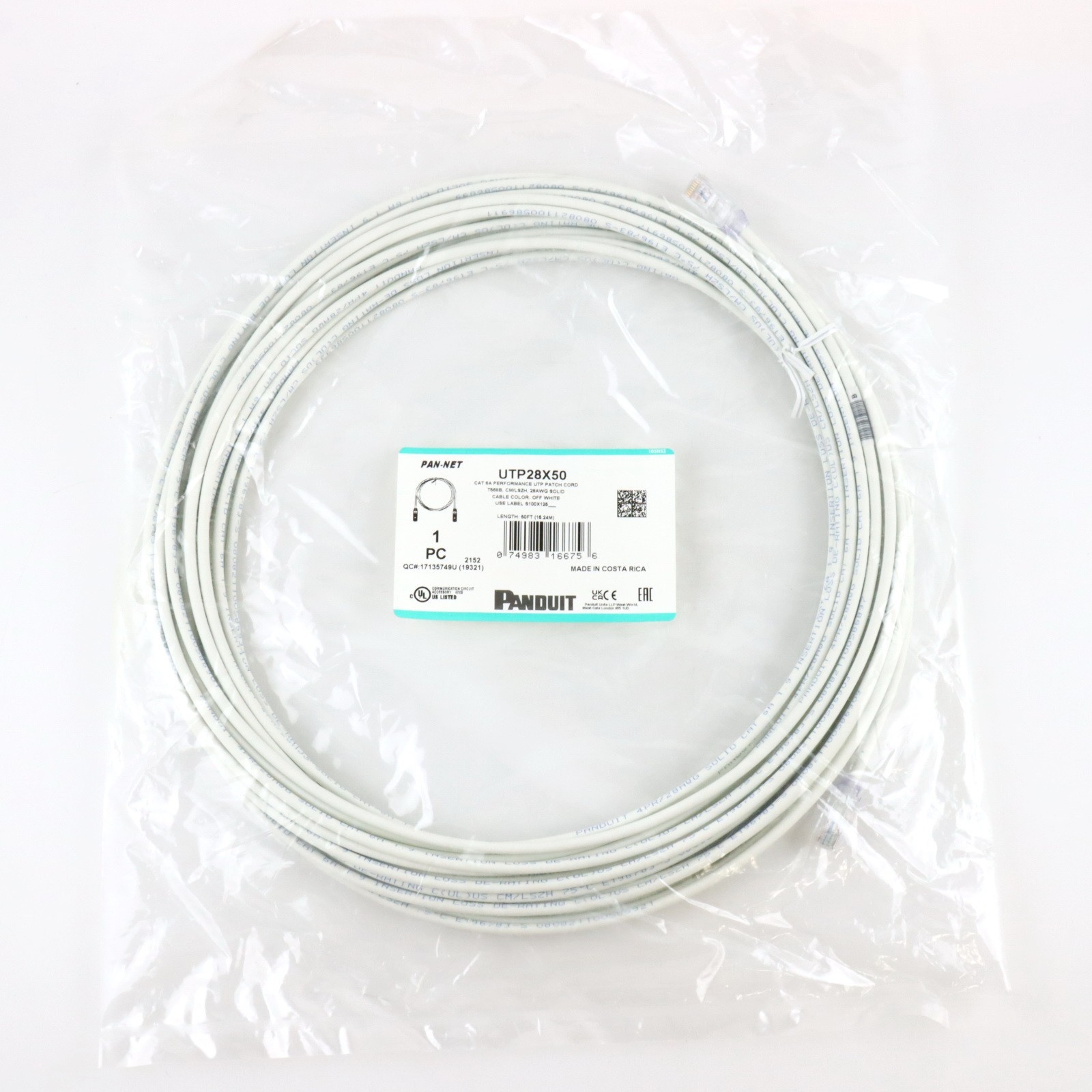 Panduit UTP28X50 Cat6A 50ft RJ45 Ethernet Patch Cable 28AWG UTP White - NEW