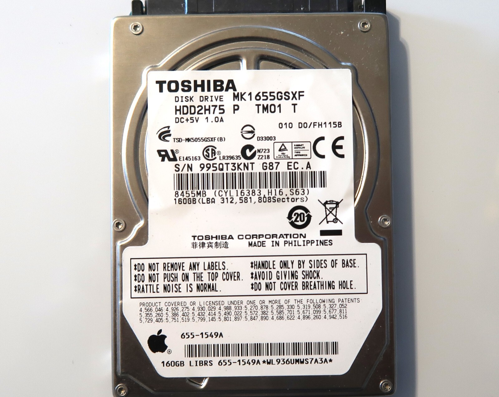 Toshiba MK1655GSXF HDD2H75 P TM01 T 010 D0/FH115B 655-1549A 2.5" 160gb Sata HDD