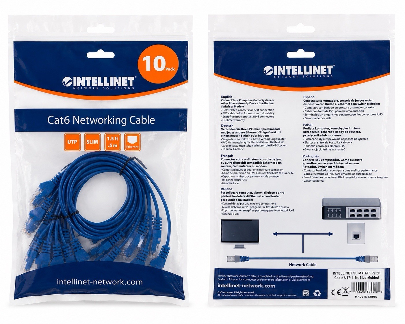 INTELLINET Slim Cat6 Ethernet Patch Cable 10 Pack 1.5ft Blue UTP RJ45 Network