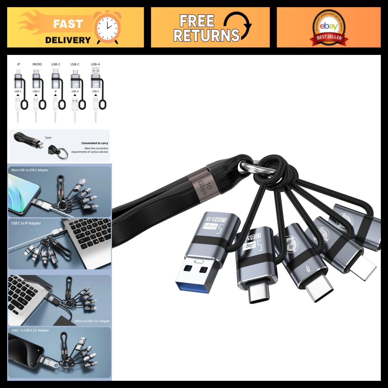 USB A to USB C 3.0 OTG Adapter Set - Fast Charging, Data Transfer, 6 Pieces