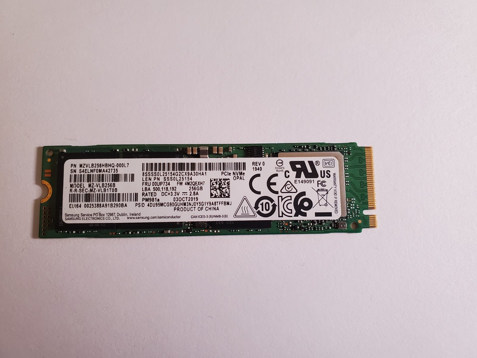 Samsung PM981a 256GB SSD MZ-VLB256HB  Lenovo SSS0L25154 MZVLB256HBHQ-000L7