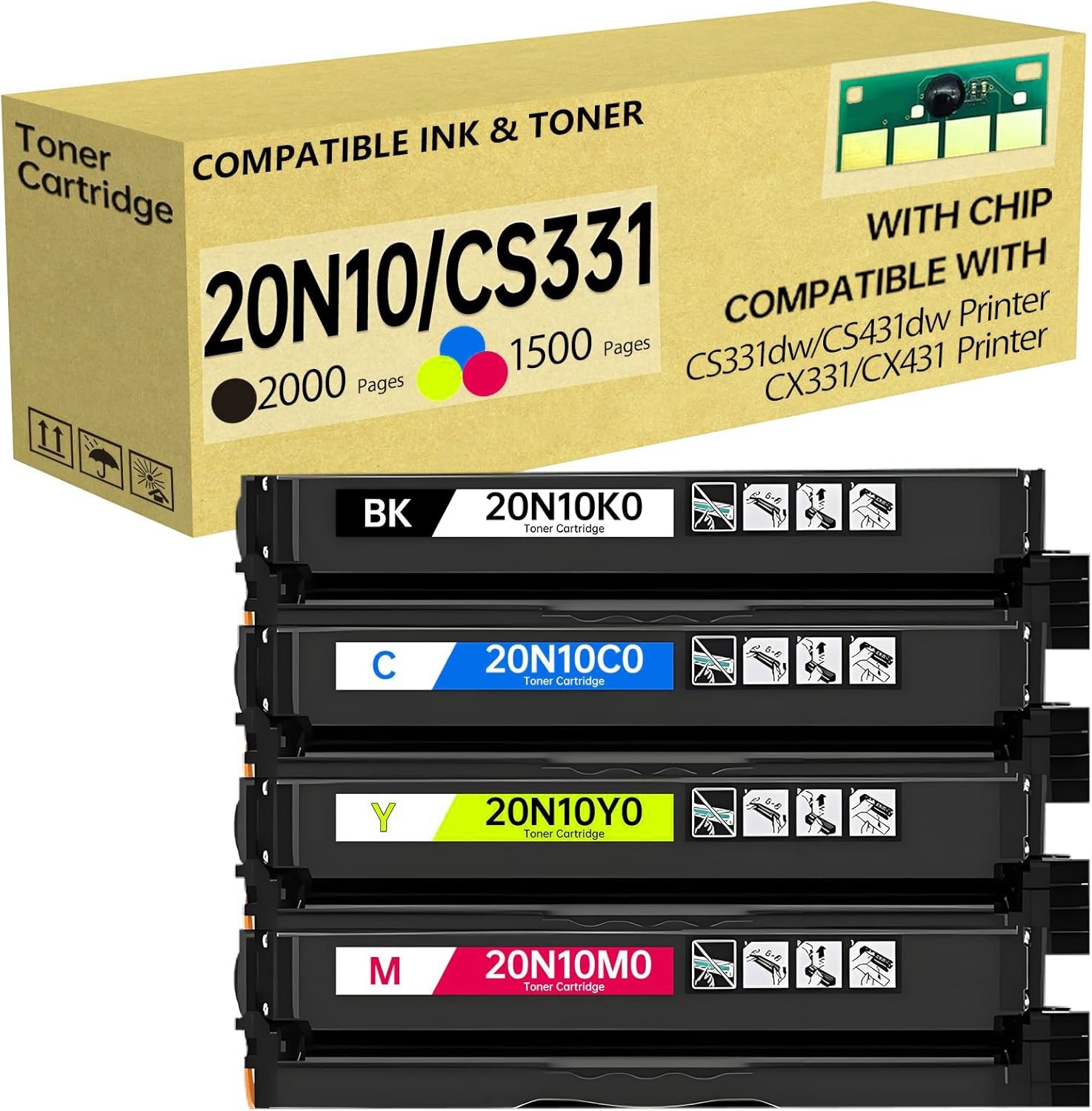 4-Pack 20N10K0 20N10C0 20N10M0 20N10Y0 Toner Compatible w/ Lexmark CS331 CX331 ɘ