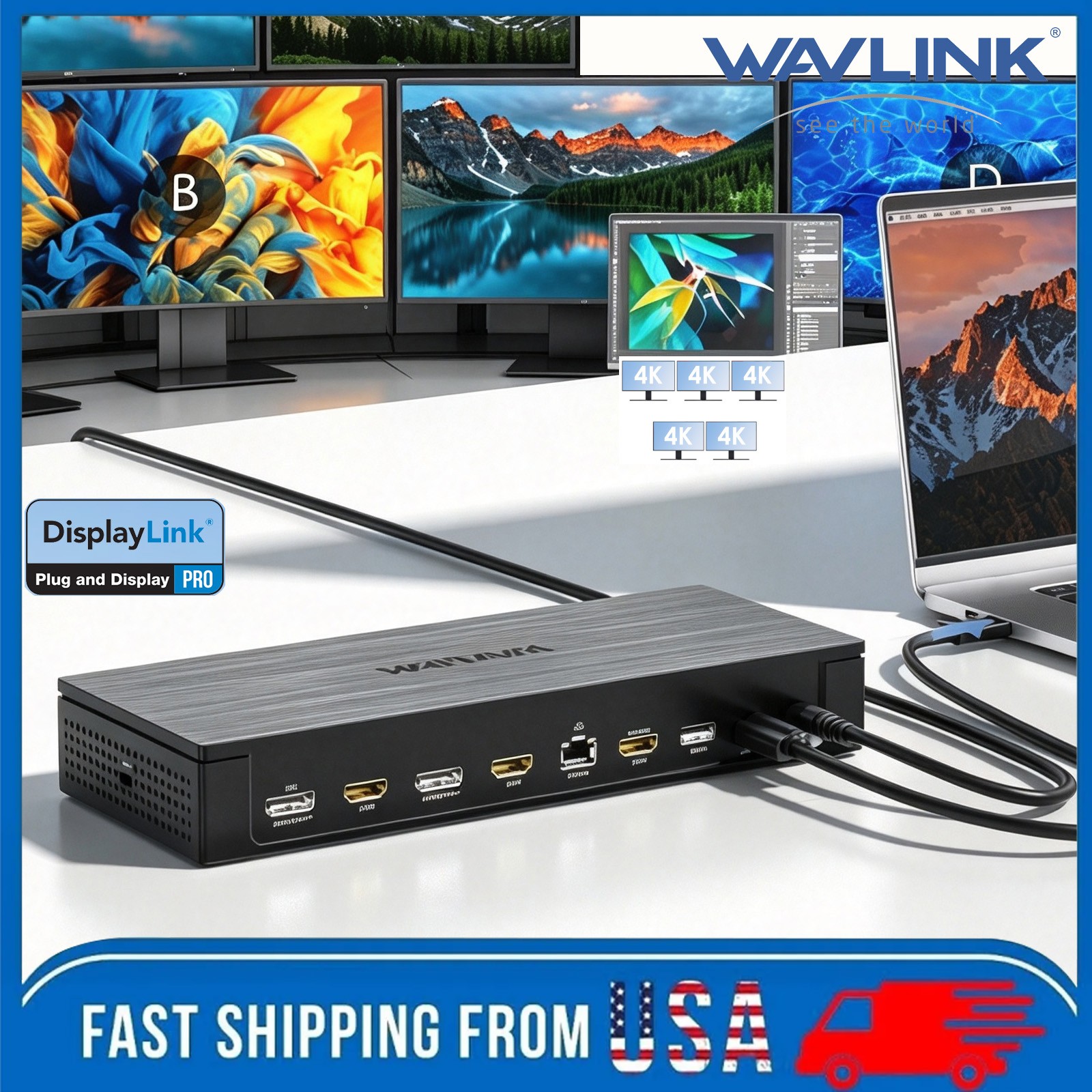 WAVLINK Pro Docking Station 5 Monitors DisplayLink Dock Five 4K Displays DL7400