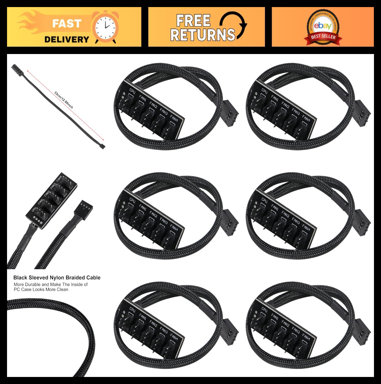 6-Pack 4-Pin PWM Fan Hub Splitter Cable - 1 to 5 Way Power Supply for PC Cooling